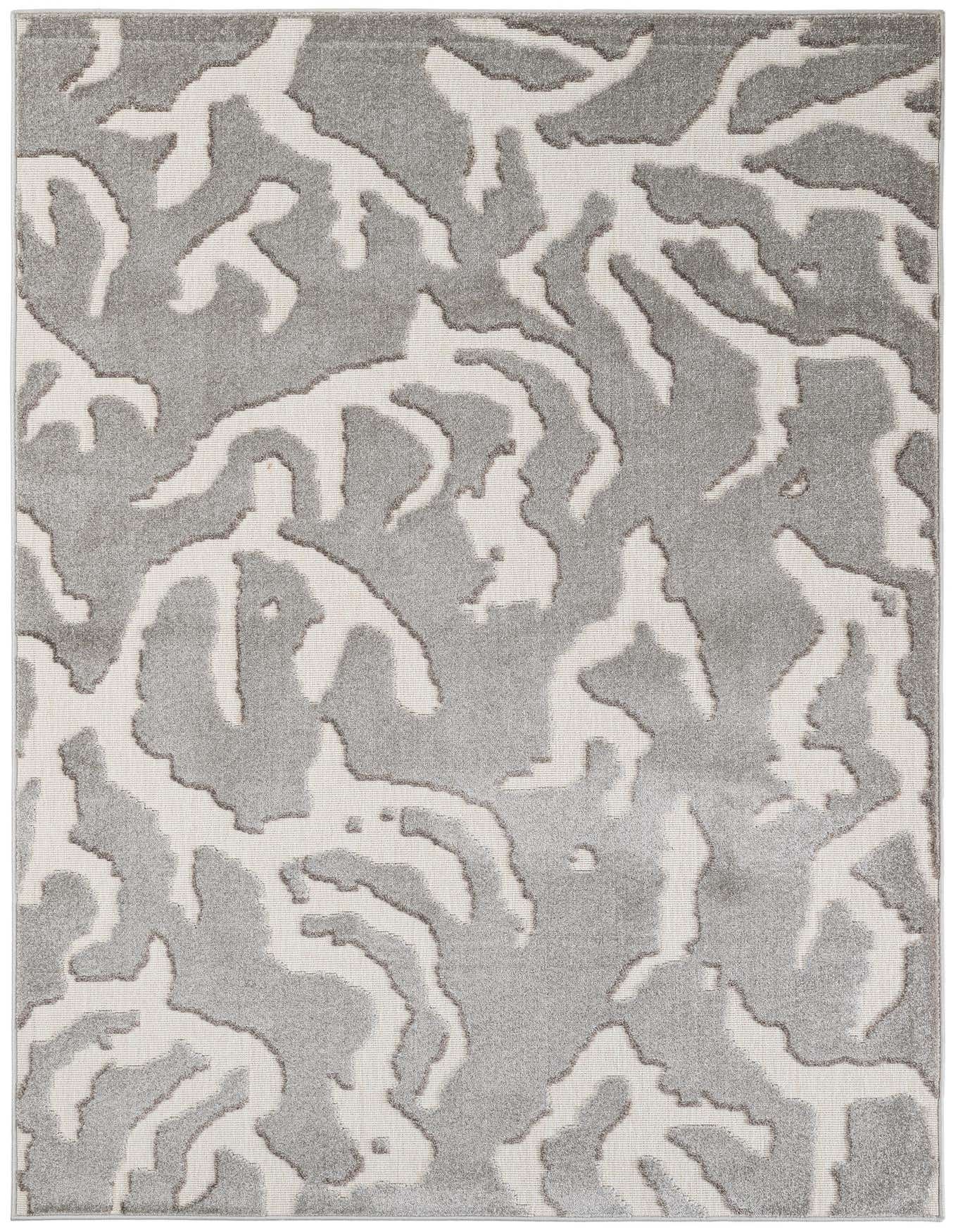 A 5x8 rectangular ivory and gray modern abstract rug, suitable for indoor or outdoor use, with a flat pile.