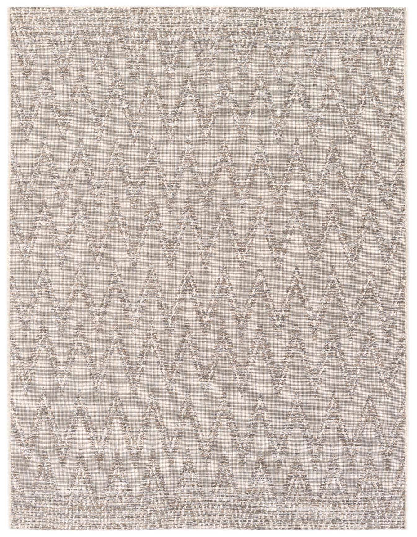 A 5x8 rectangular indoor/outdoor rug featuring a modern chevron pattern in ivory and cream tones.