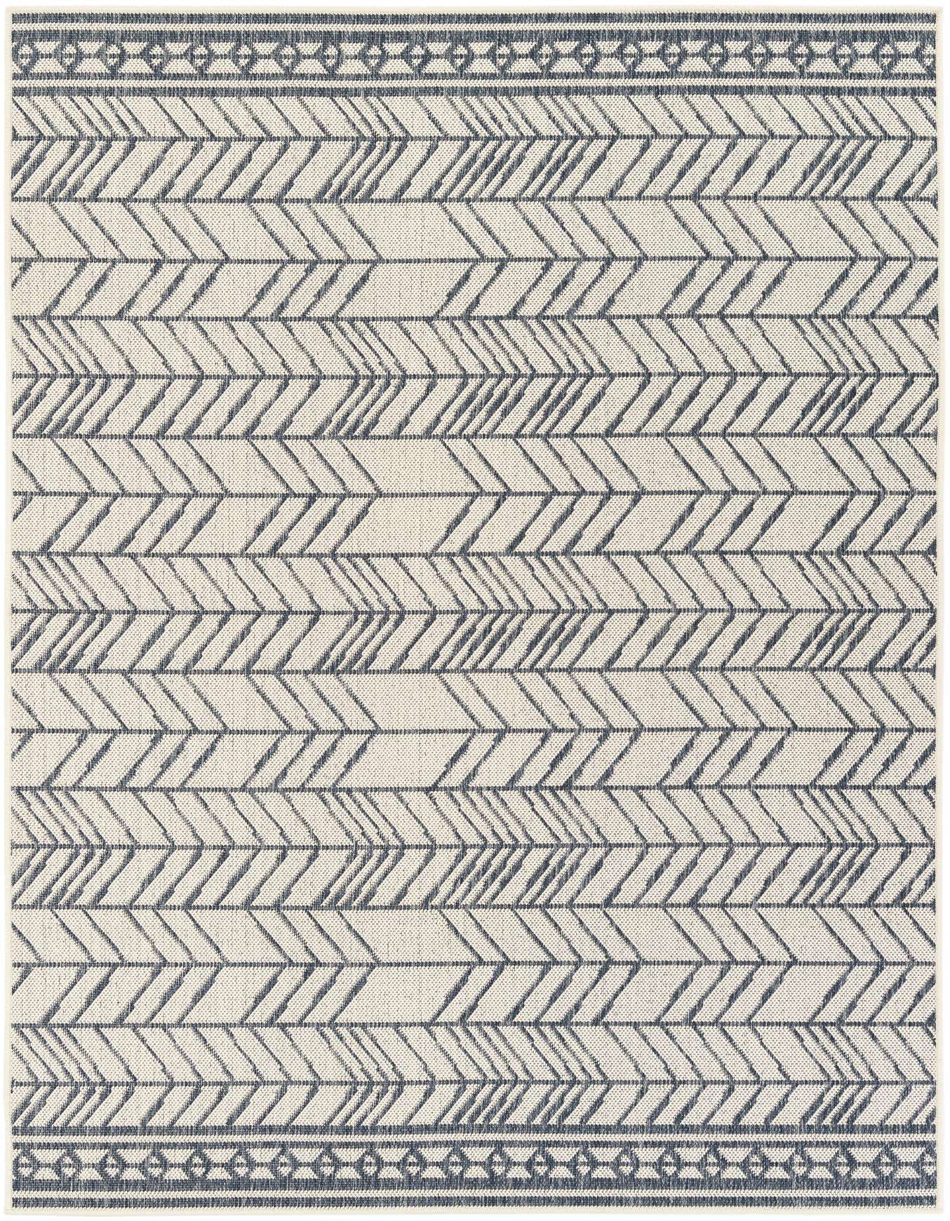 A 5x8 rectangular ivory and cream modern area rug with a repeating arrow pattern and decorative border.