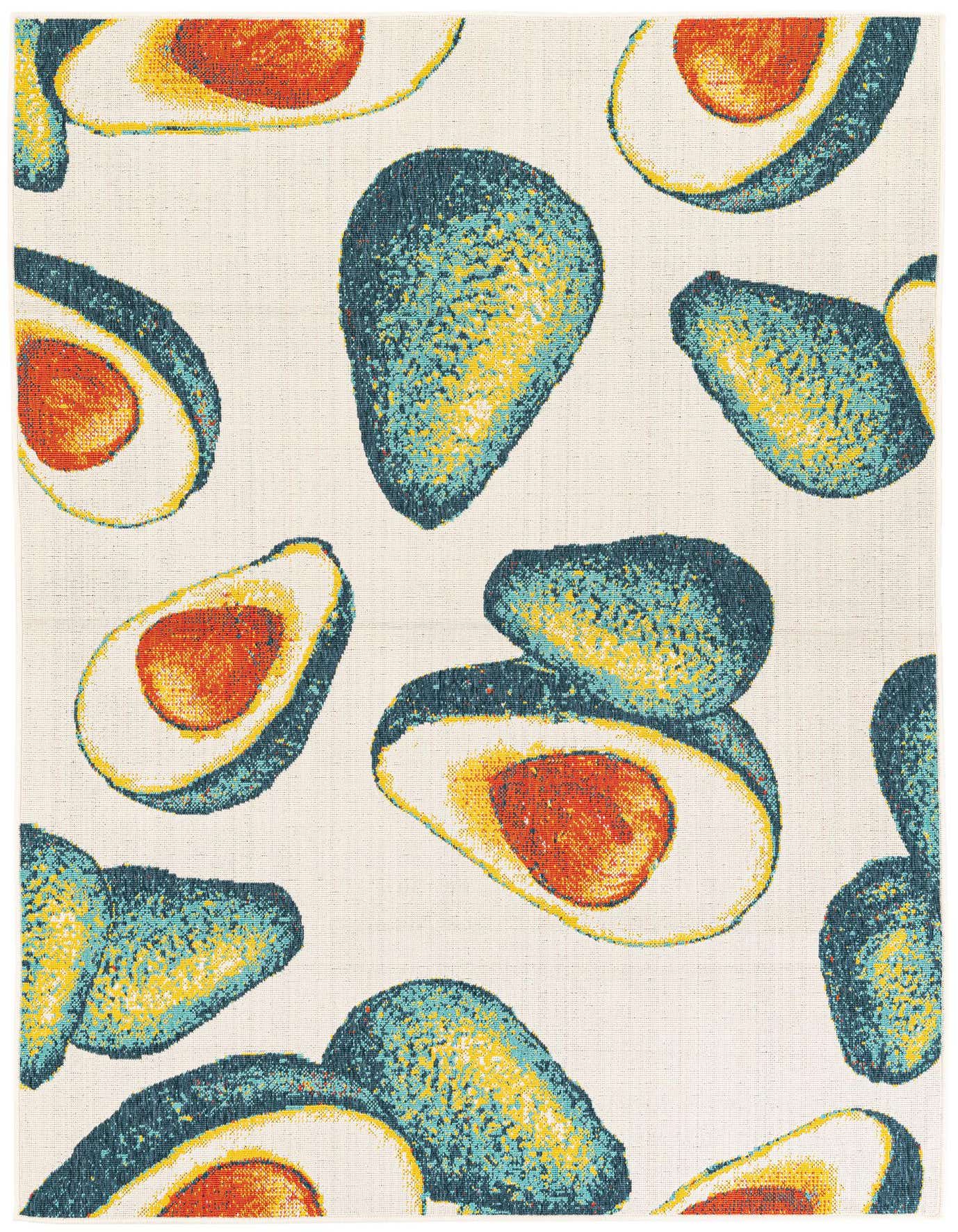 5x8 rectangular indoor/outdoor rug with a playful modern abstract pattern of whole and halved avocados in teal, yellow, and orange on an ivory background.