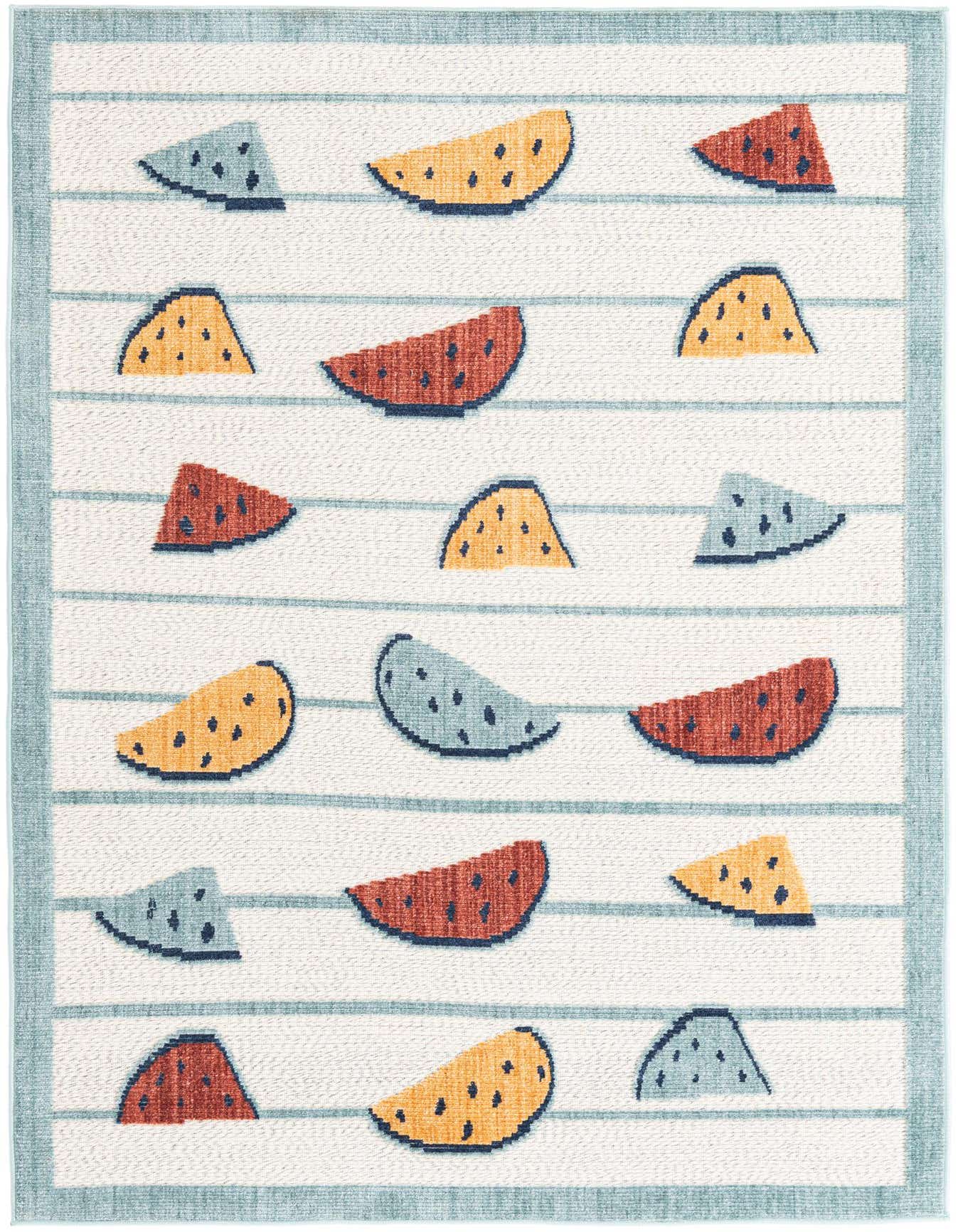 A 5x8 rectangular ivory flatweave rug with a modern pattern of colorful watermelon slices and blue stripes, suitable for indoor/outdoor use.