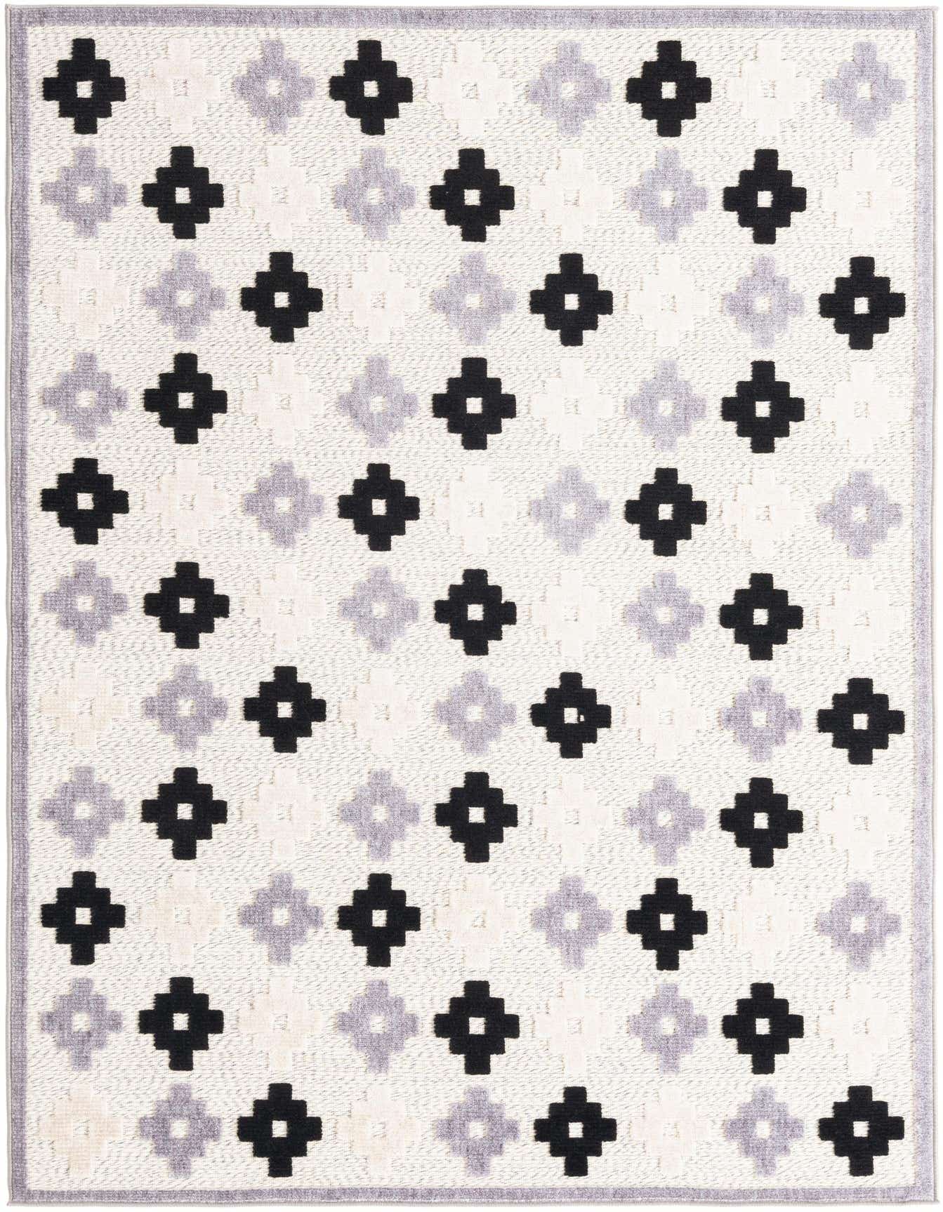 A 5x8 rectangular ivory and white modern flatweave rug with a repeating pattern of black and light gray geometric shapes.
