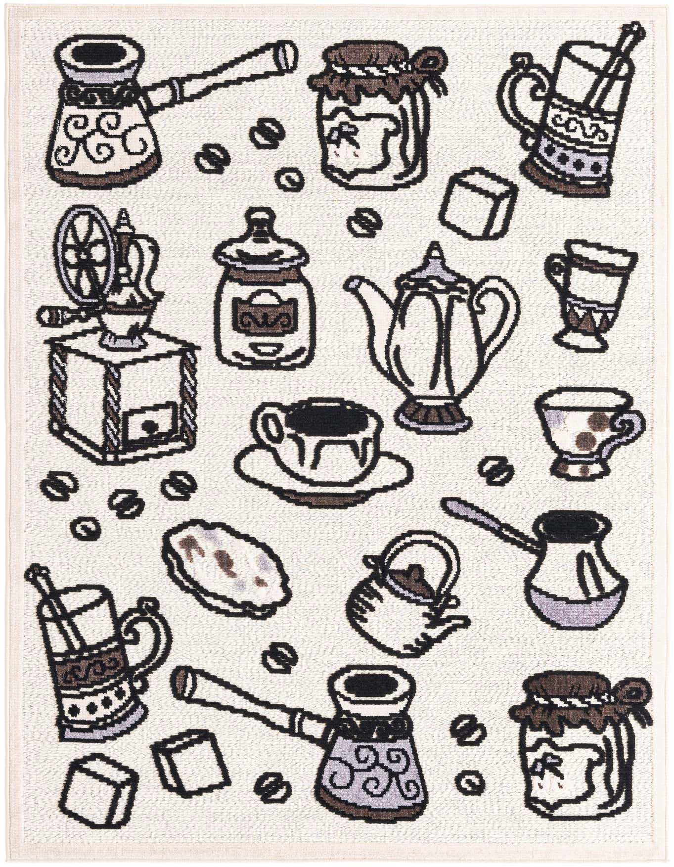 A 5x8 rectangular ivory rug featuring a playful modern pattern of black and brown coffee-themed items like pots, cups, and beans.