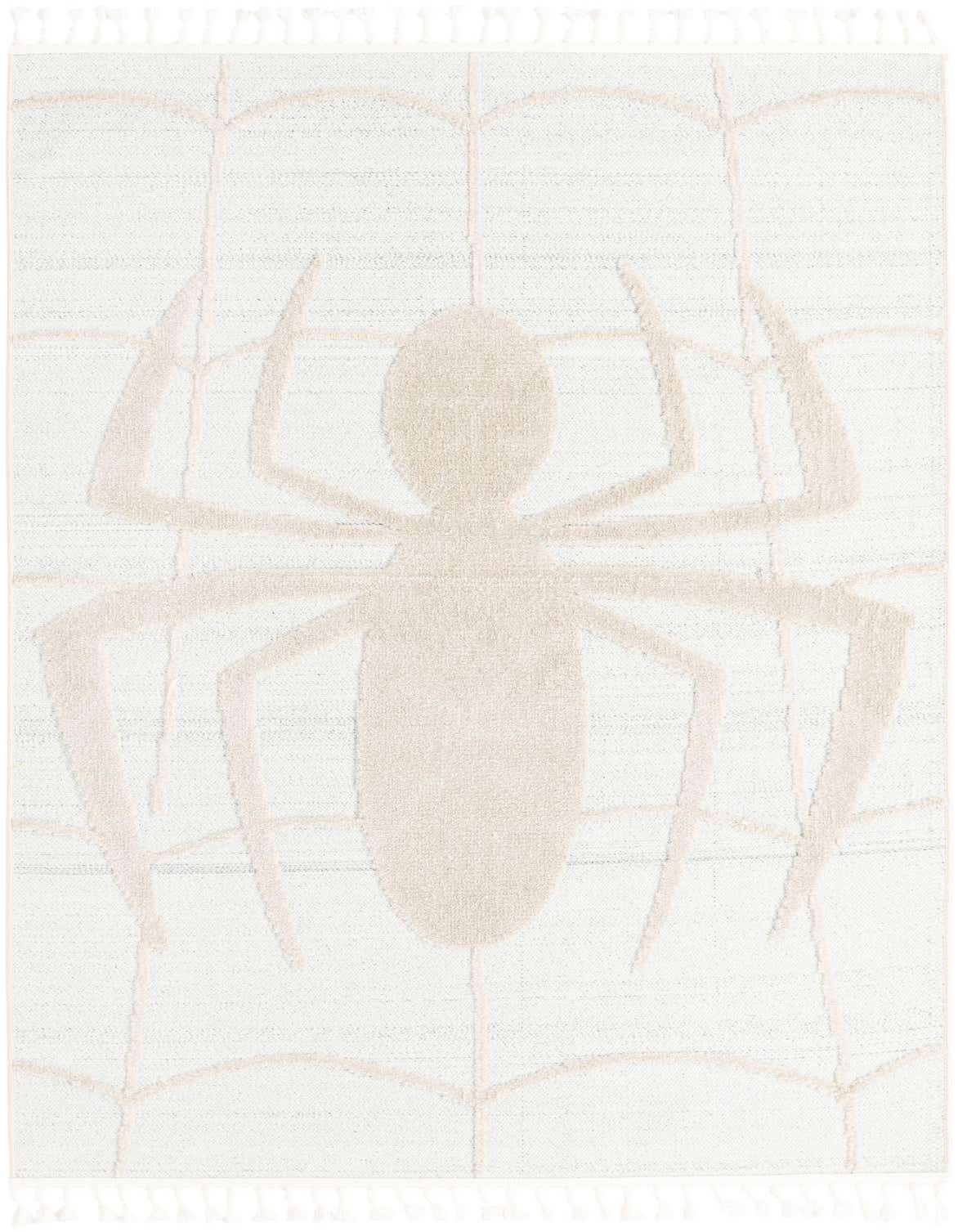 A 5x8 rectangular ivory and white modern rug featuring a large spider and web pattern, suitable for indoor or outdoor use.