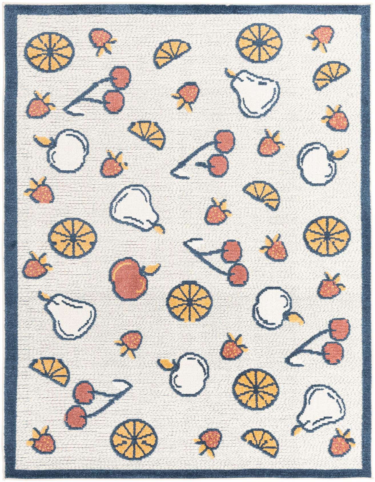A 5x8 rectangular ivory rug with a playful, modern fruit pattern including oranges, cherries, apples, pears, and strawberries, bordered in navy blue.