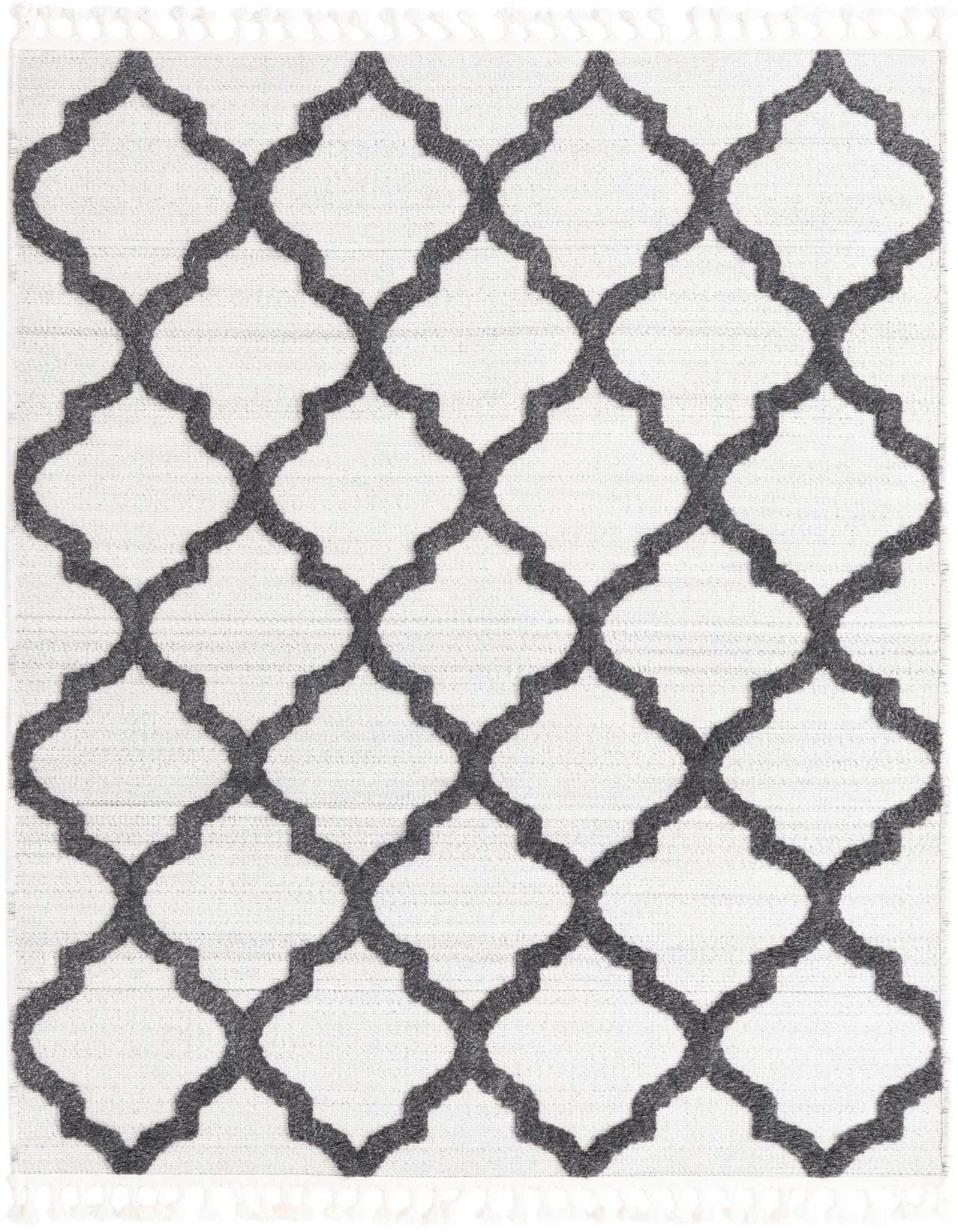 A 5x8 rectangular ivory and charcoal modern geometric rug with a Moroccan trellis pattern and short tassels, suitable for indoor or outdoor spaces.