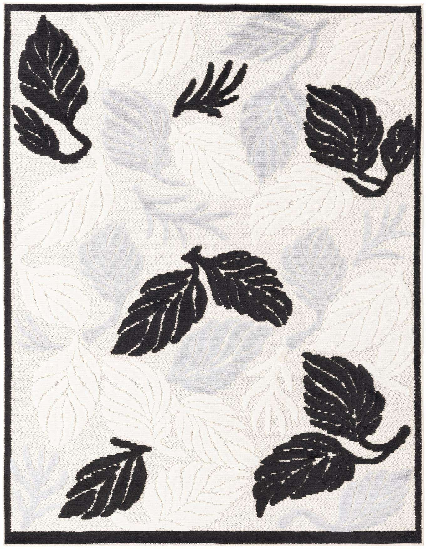 A 5x8 rectangular ivory and black modern rug with a bold leaf pattern and a dark border, suitable for indoor or outdoor use.