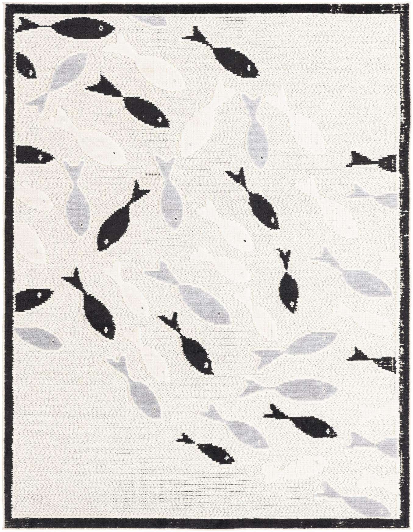 A 5x8 rectangular ivory indoor/outdoor rug with a modern pattern of black, grey, and white fish swimming across it, framed by a black border.