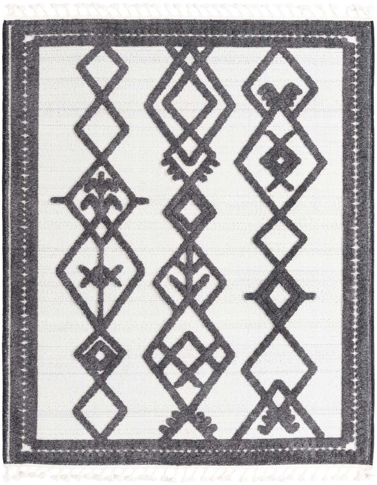 A 5x8 rectangular ivory and charcoal modern flatweave rug with a geometric diamond pattern and white fringe.