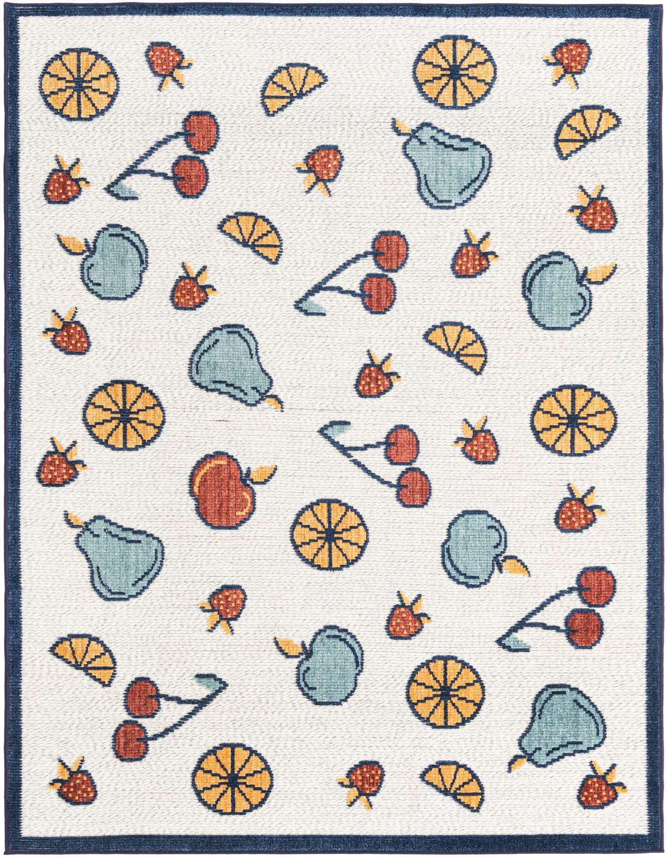 5x8 rectangular ivory rug with a modern fruit pattern including oranges, pears, cherries, and strawberries, bordered in navy blue.