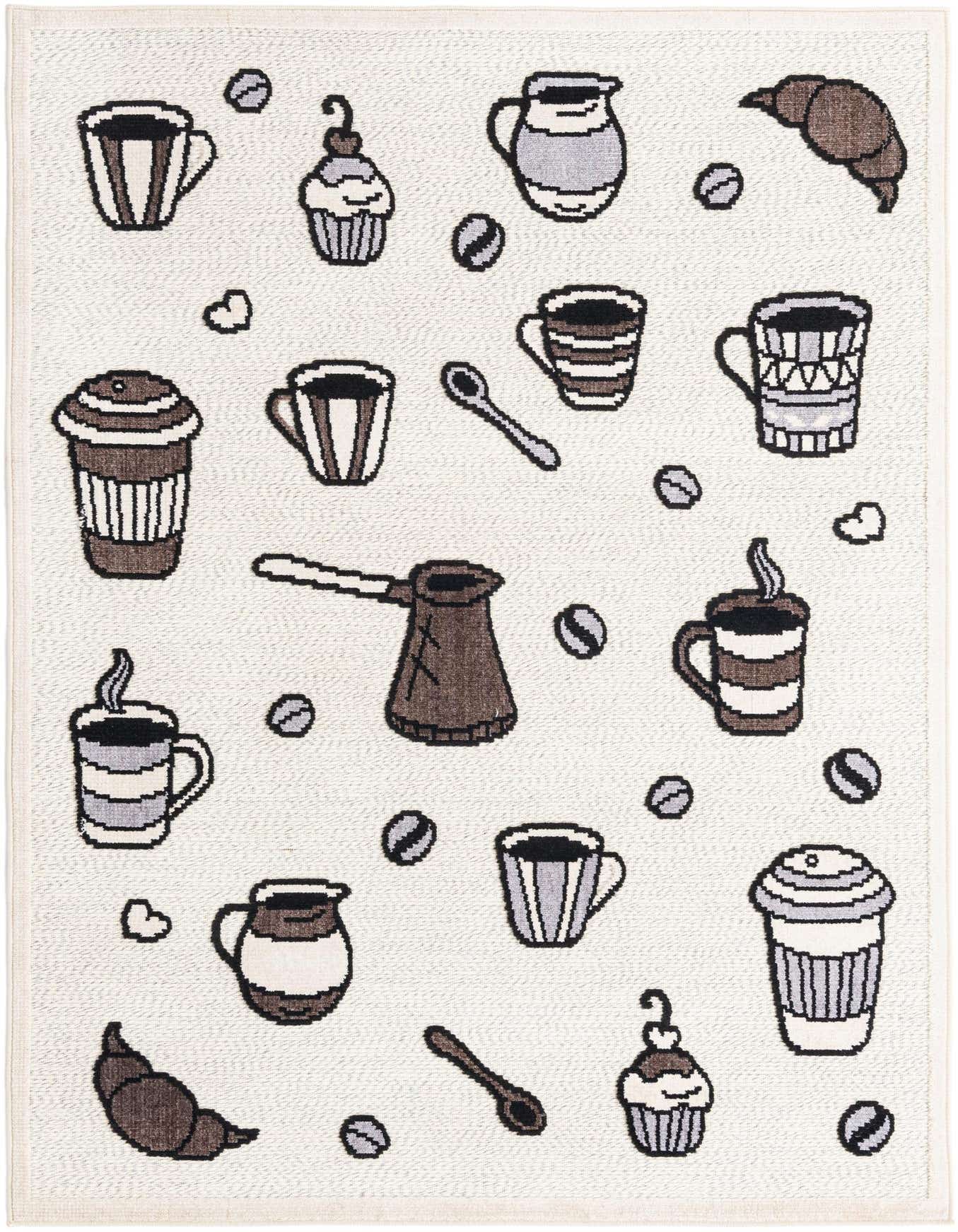 A 5x8 rectangular ivory rug with a playful pattern of coffee cups, coffee pots, croissants, and cupcakes, suitable for a kitchen or patio.