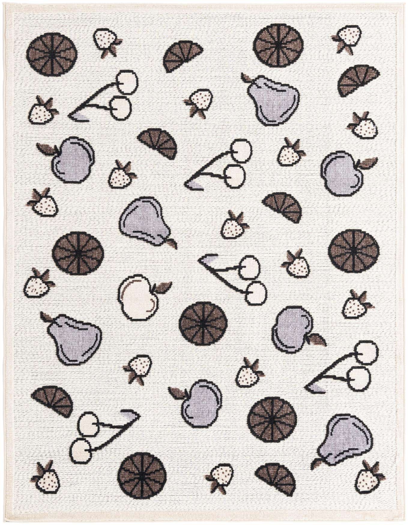 A 5x8 rectangular ivory flatweave rug with a playful modern fruit pattern, featuring apples, pears, cherries, strawberries, and orange slices in shades of gray, brown, and white.