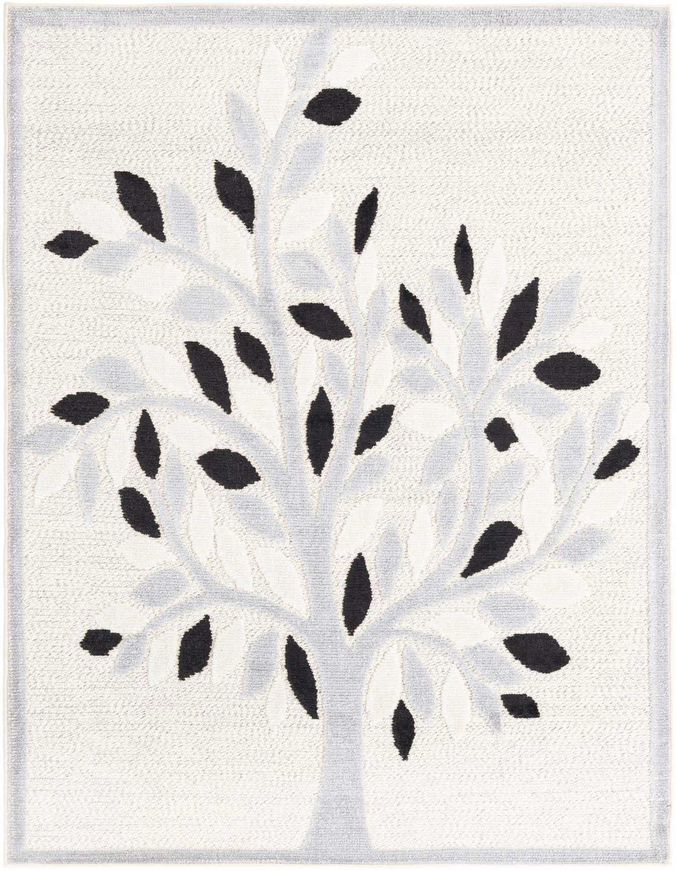 A 5x8 rectangular ivory and white modern rug featuring a stylized tree with black and light gray leaves.