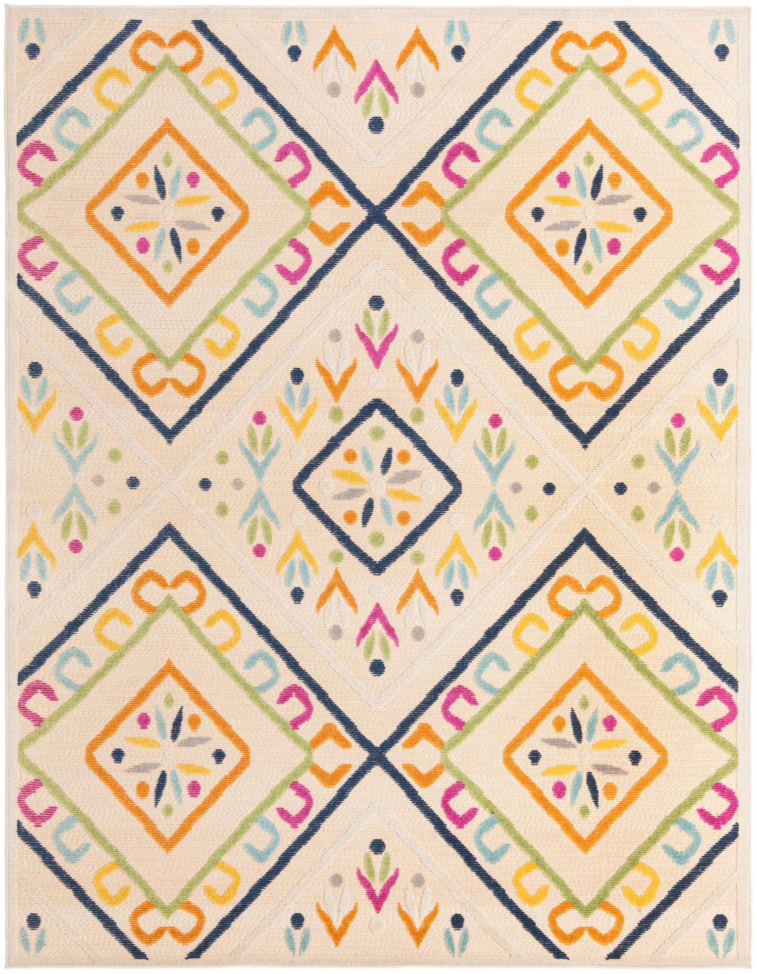 A 7x10 rectangular ivory flatweave rug with a modern geometric pattern in navy, orange, green, yellow, and pink.