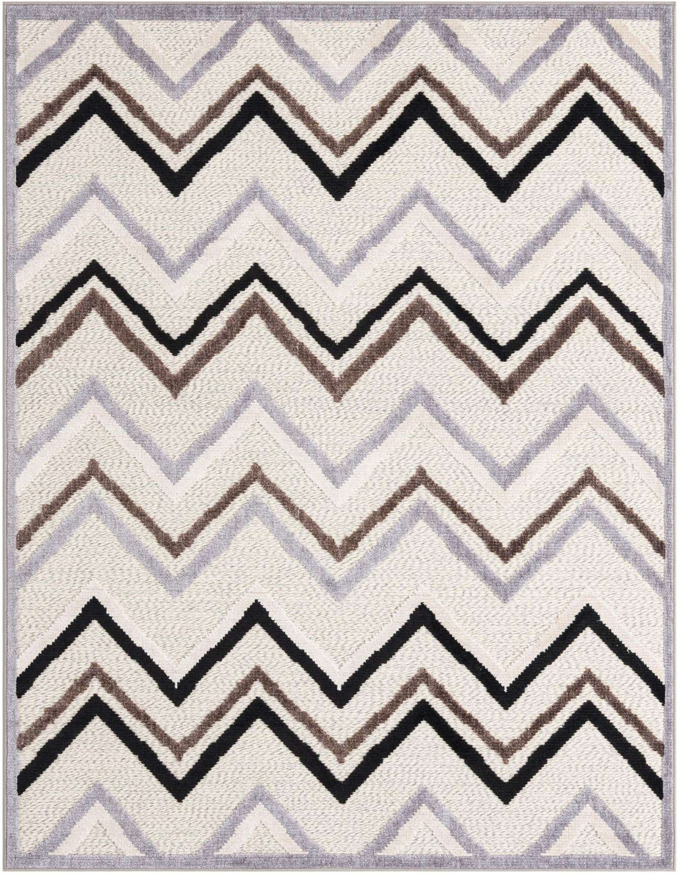 A 5x8 rectangular ivory and cream modern rug with a bold black, brown, and gray chevron pattern, suitable for indoor or outdoor use.