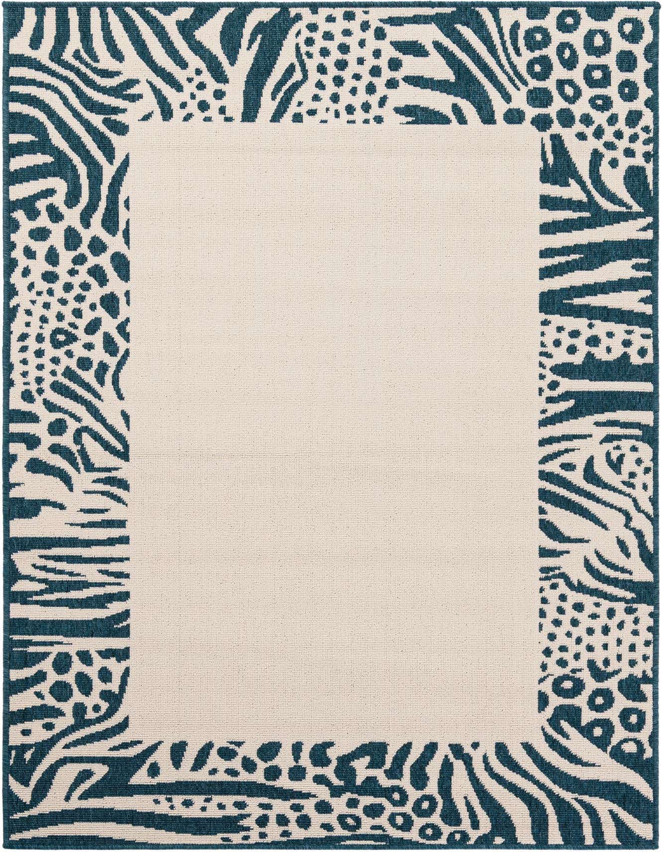 A 4x6 rectangular ivory rug with a modern animal print border in dark teal, suitable for indoor/outdoor use.
