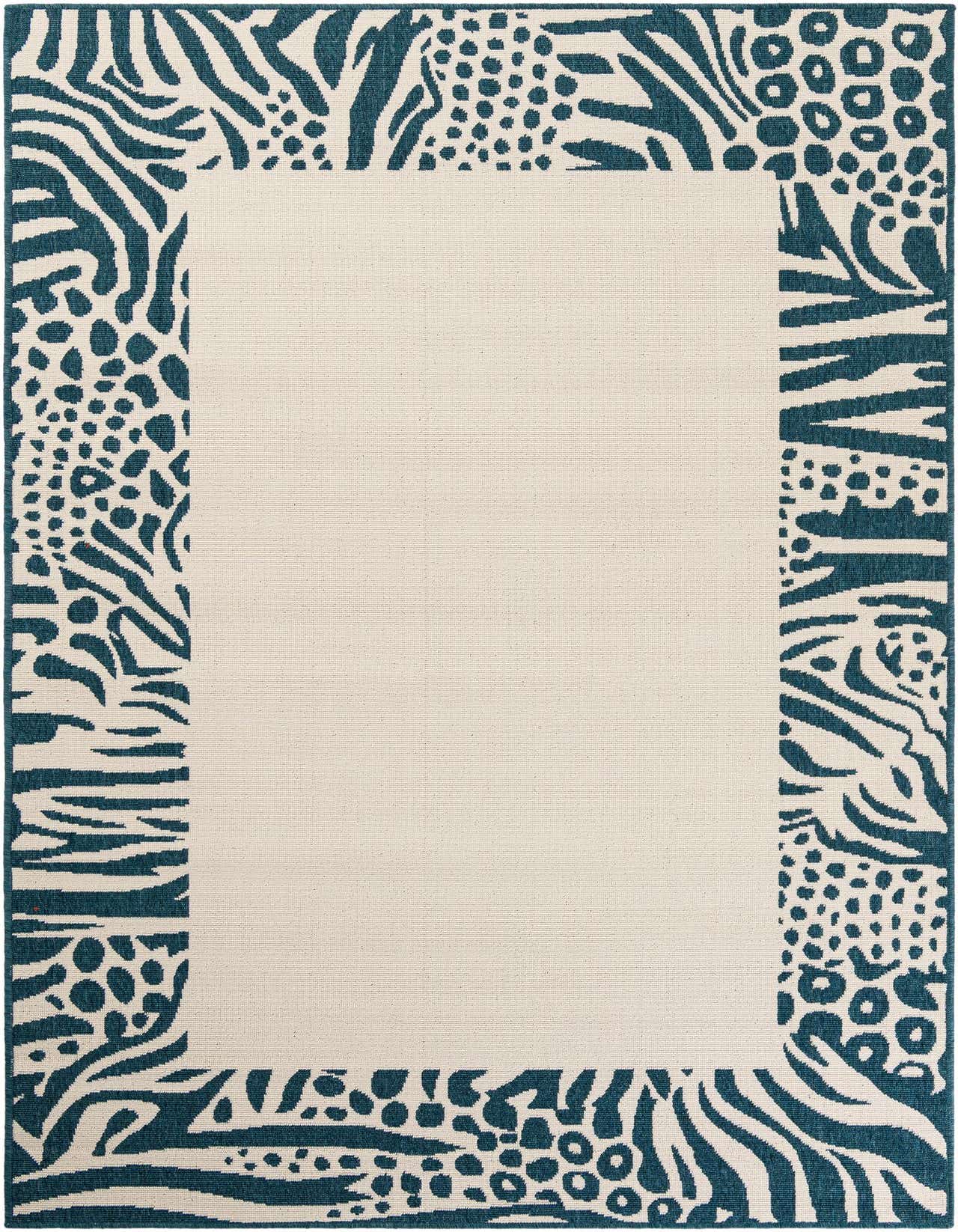 A 5x8 rectangular ivory rug with a bold teal border featuring mixed animal print patterns like zebra and leopard spots.