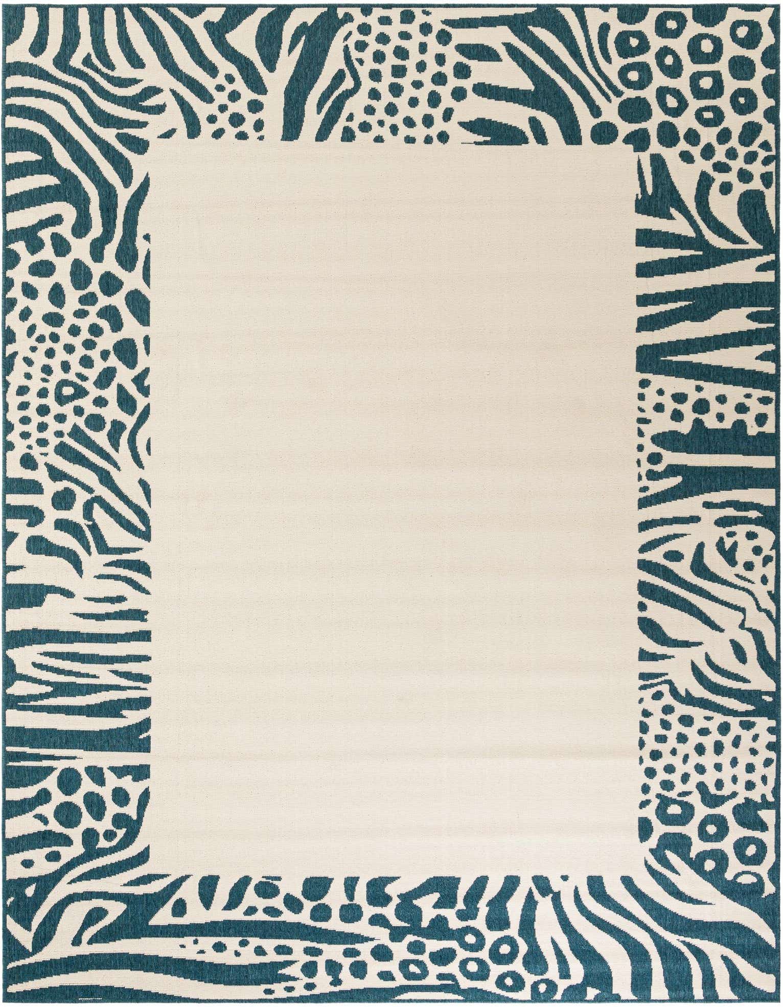 An 8x10 rectangular ivory rug with a wide teal border featuring mixed animal print patterns like zebra stripes and leopard spots.