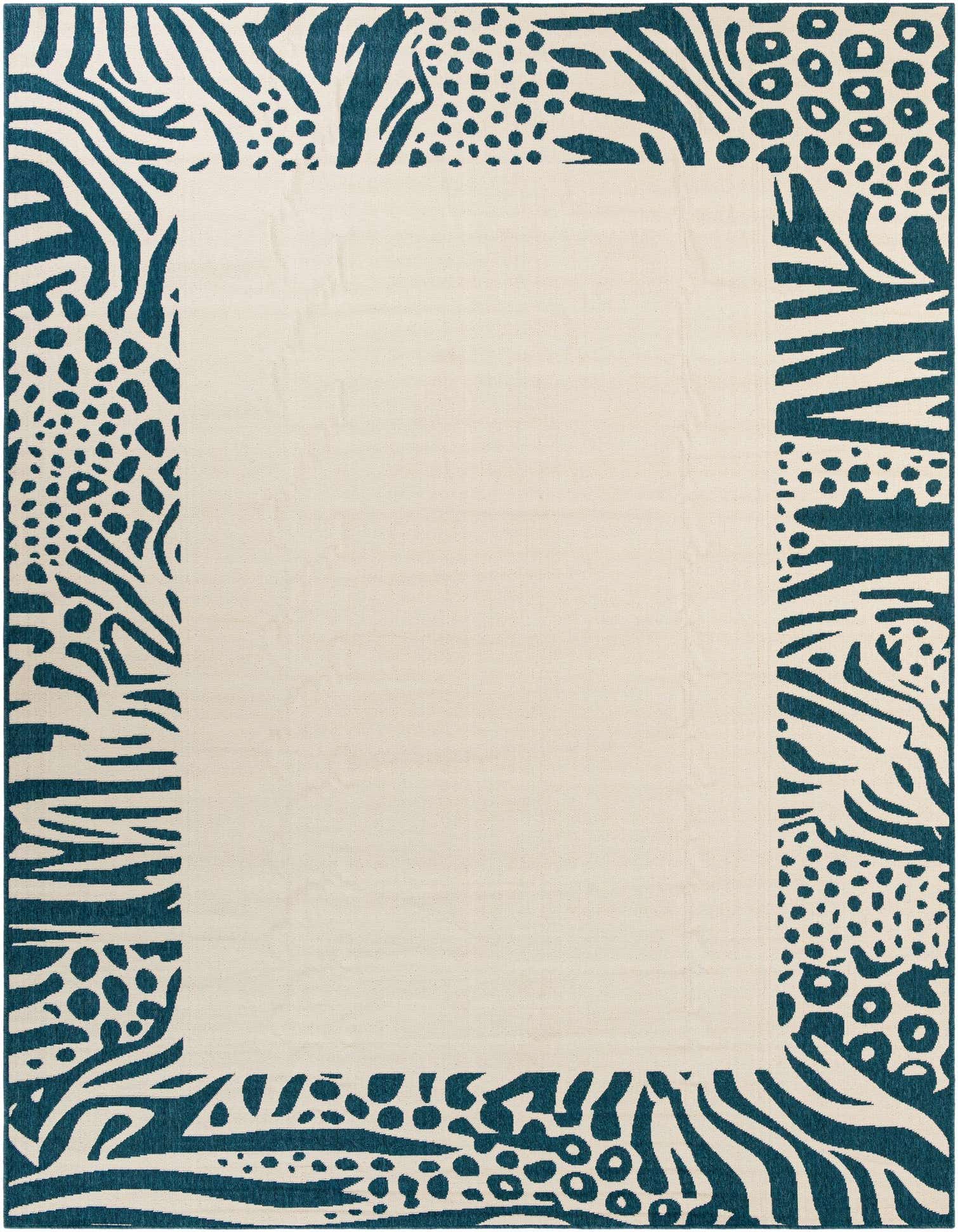 A 9x12 rectangular ivory rug with a bold teal border featuring modern animal print patterns like zebra stripes and leopard spots.