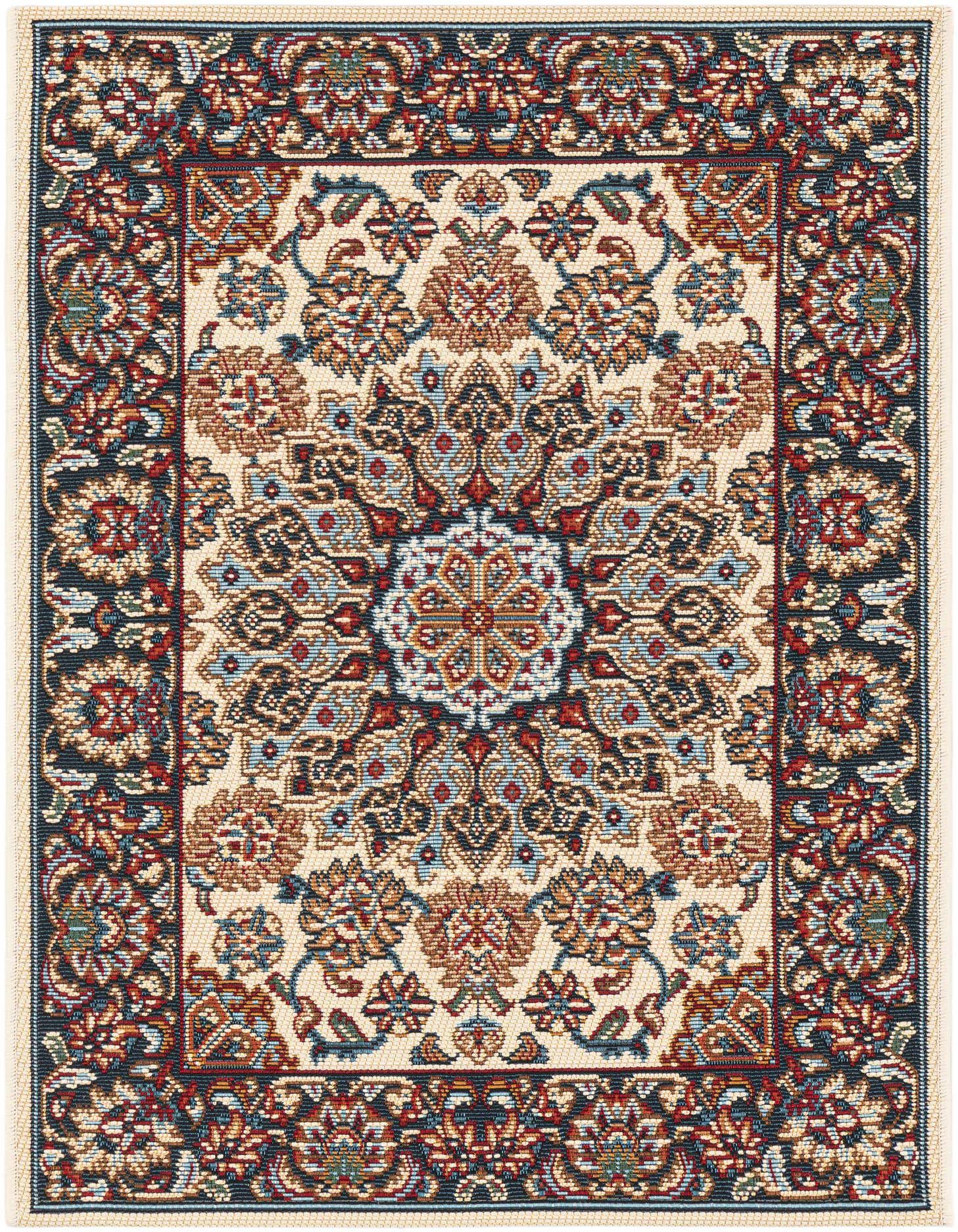 A 2x3 rectangular ivory and multi-color Oriental rug with a central medallion and intricate floral border, suitable for indoor/outdoor use.