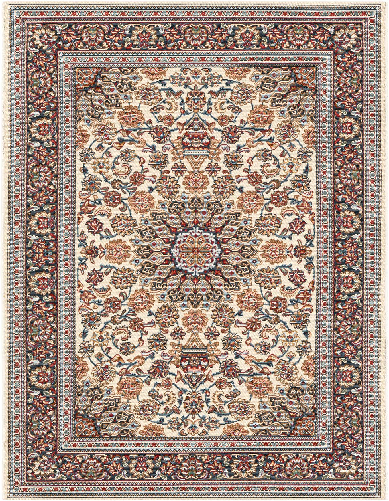 A 4x6 rectangular ivory and cream Oriental rug with a detailed medallion pattern and a multi-color border, suitable for indoor or outdoor use.