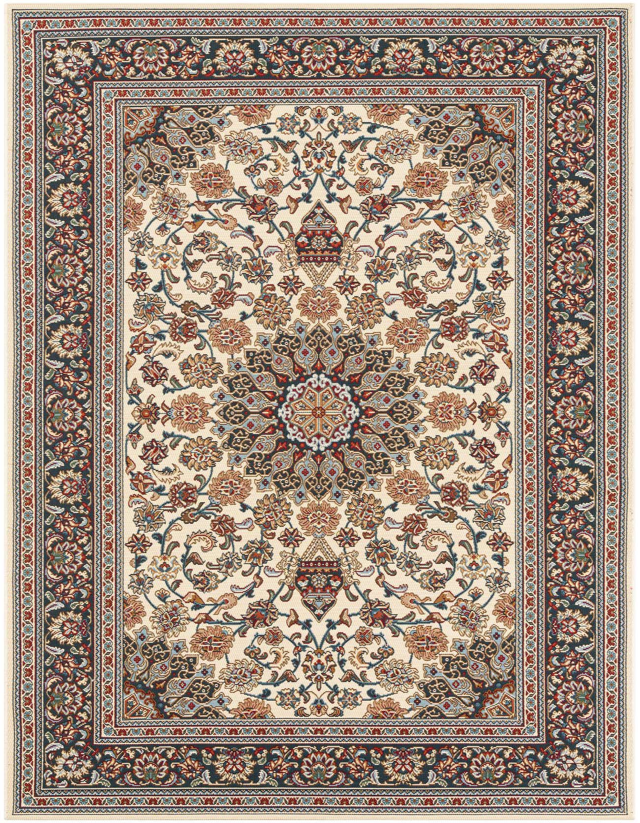 A 5x8 rectangular ivory and cream indoor/outdoor rug with a traditional oriental medallion pattern and a detailed floral border.
