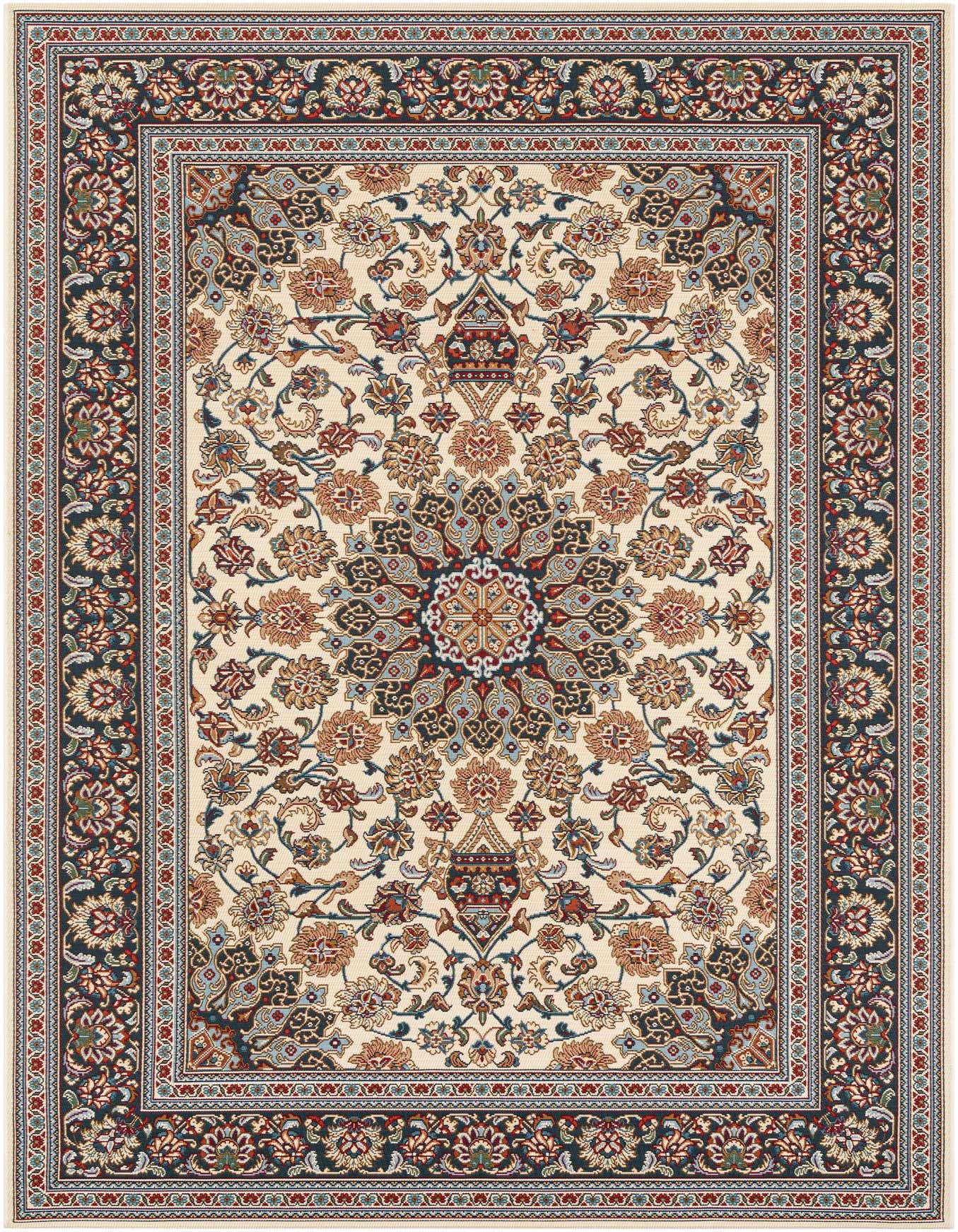 A 6x9 rectangular ivory Oriental rug with a detailed medallion and floral pattern, featuring a dark border.