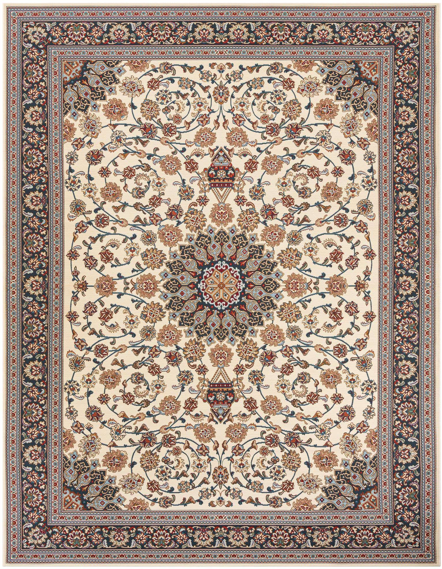 A 9x12 rectangular ivory and cream Oriental rug with a detailed medallion and floral pattern, framed by a dark border.