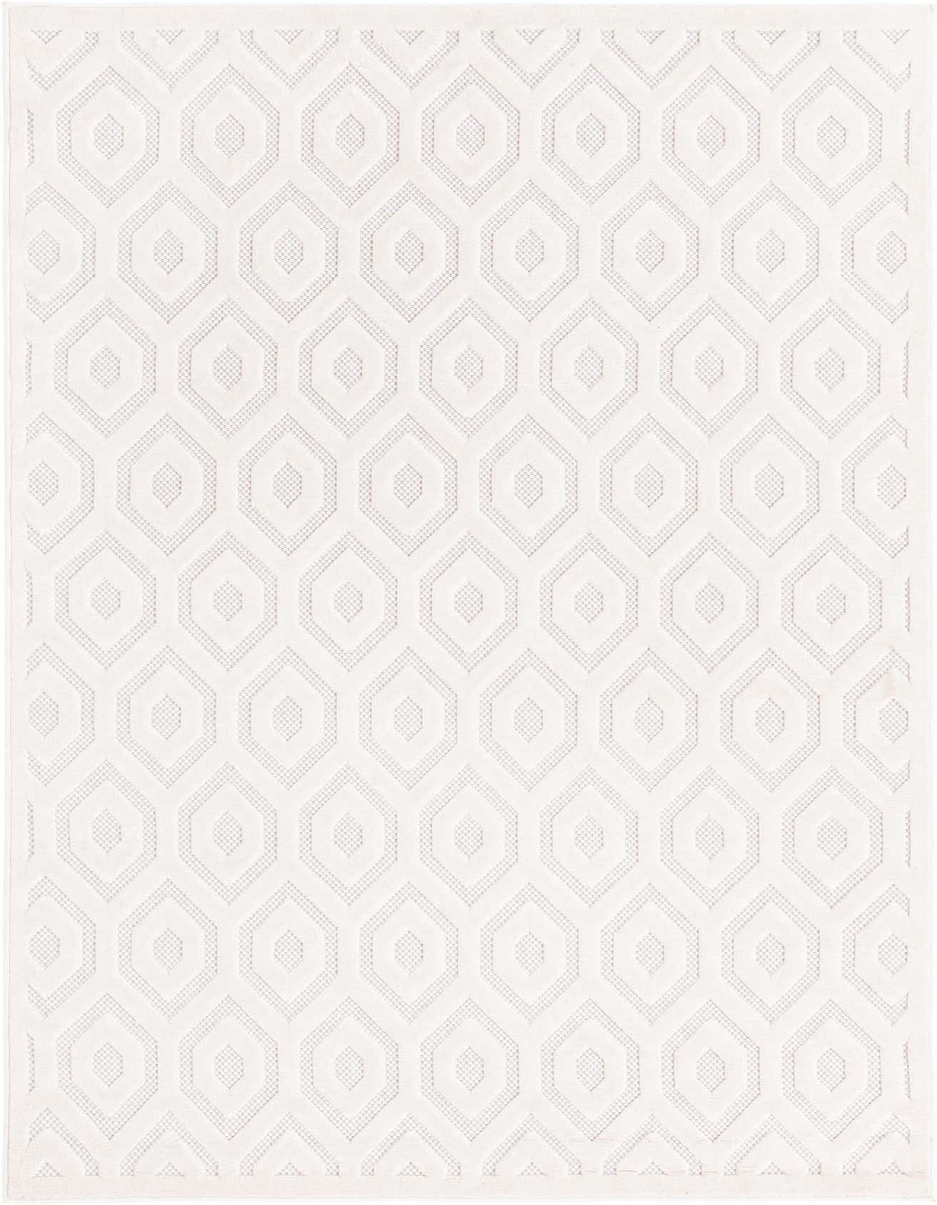 A 6x9 rectangular ivory modern rug with a subtle textured geometric trellis pattern, suitable for indoor or outdoor spaces.