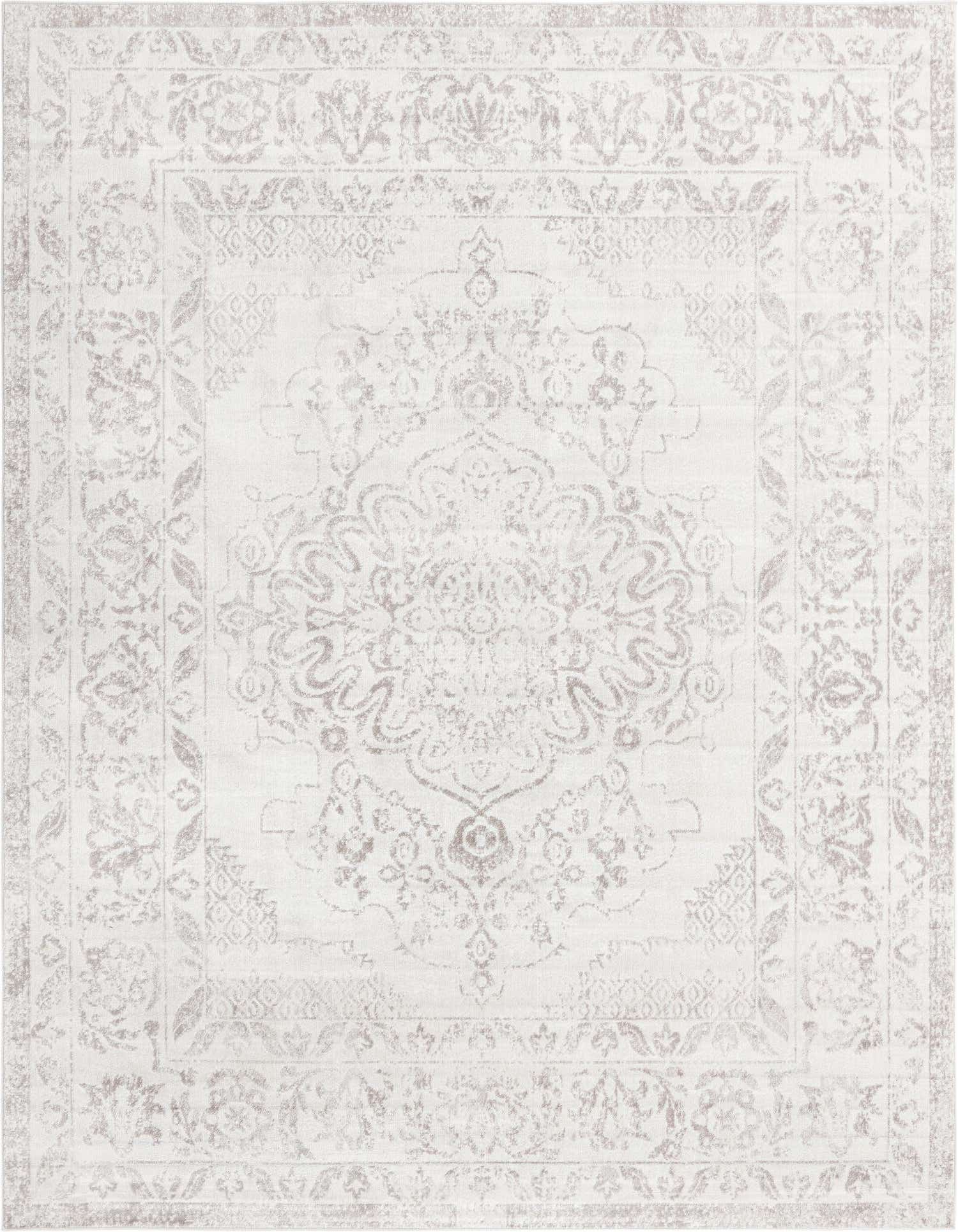 A 10x13 rectangular ivory and cream traditional area rug with a faded vintage medallion pattern, ideal for a living room.