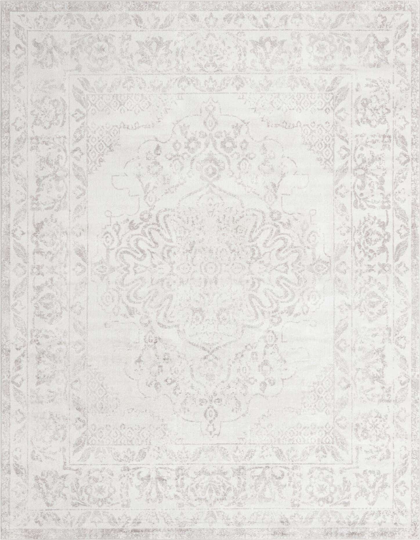 A 9x12 rectangular ivory and cream traditional area rug with a faded vintage medallion pattern.