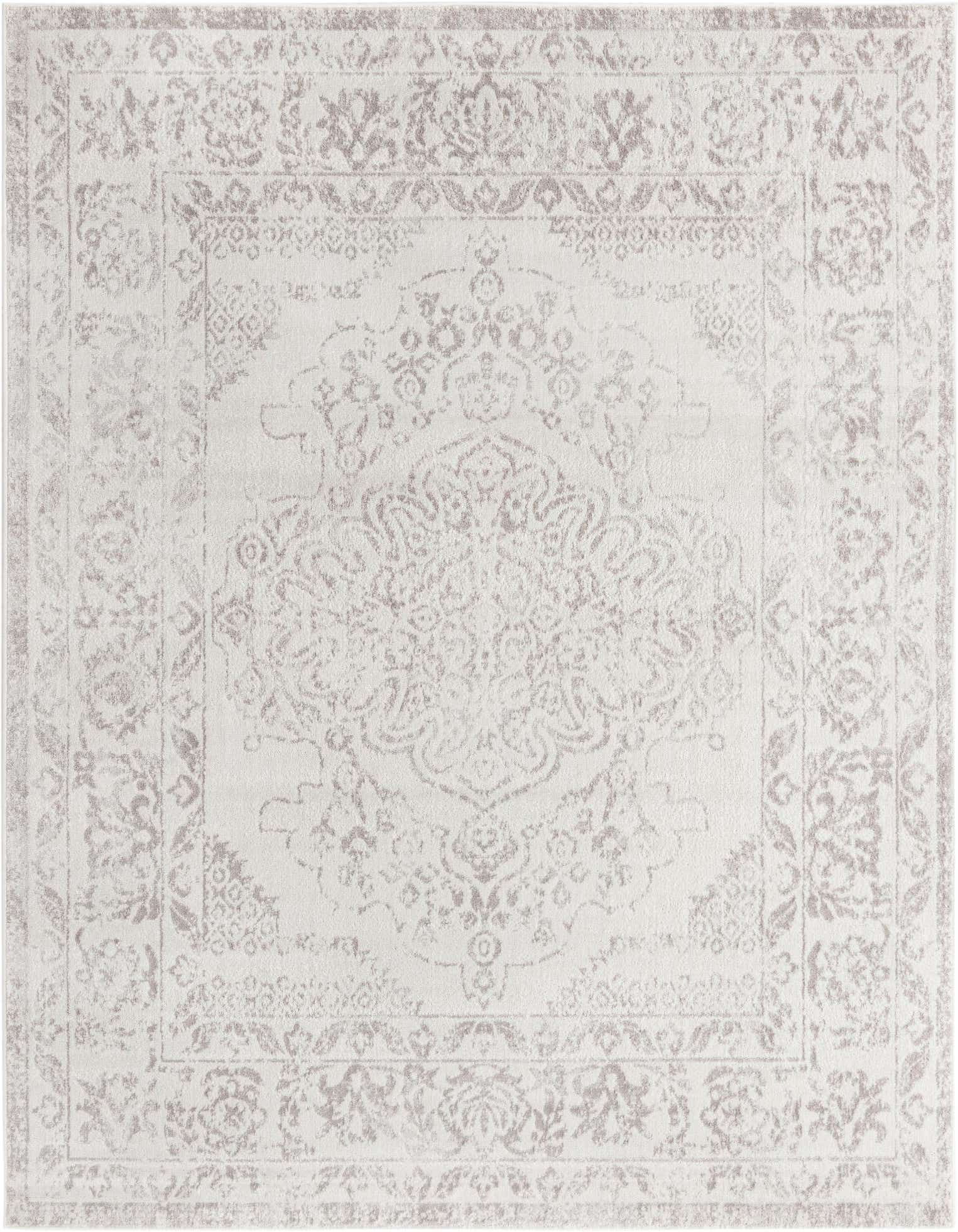 An 8x10 rectangular ivory and cream traditional area rug with a vintage medallion pattern.