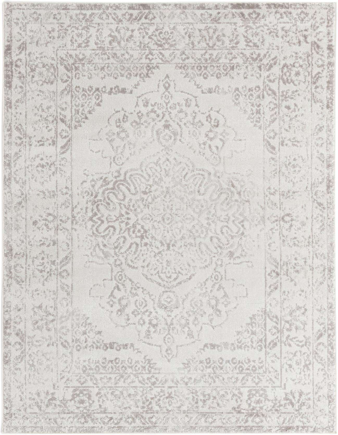 A 5x8 rectangular ivory and cream area rug with a subtle traditional medallion and border pattern, suitable for a living room.
