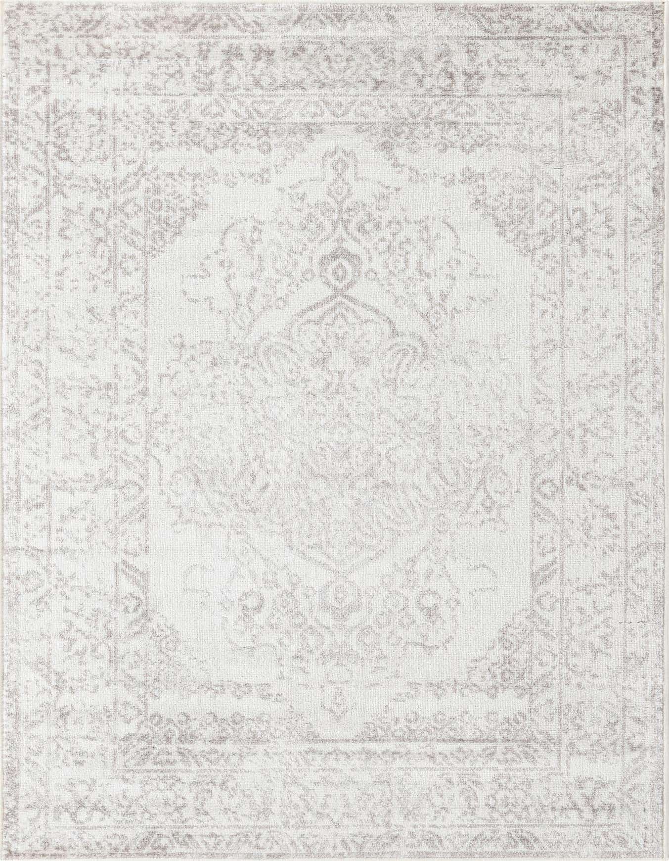 A 4x6 rectangular ivory and cream rug with a faded traditional medallion pattern, ideal for a living room.