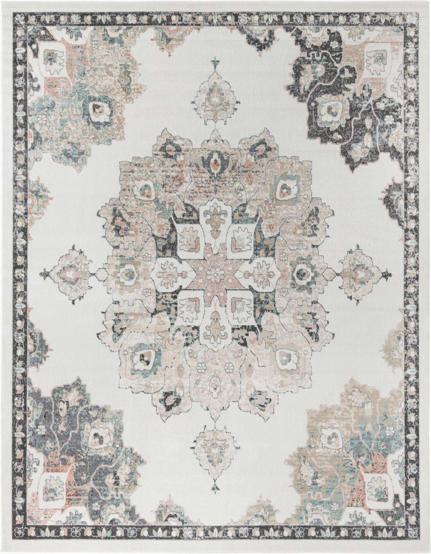 A 10x14 rectangular ivory area rug with a vintage medallion pattern in shades of cream, beige, teal, and charcoal.