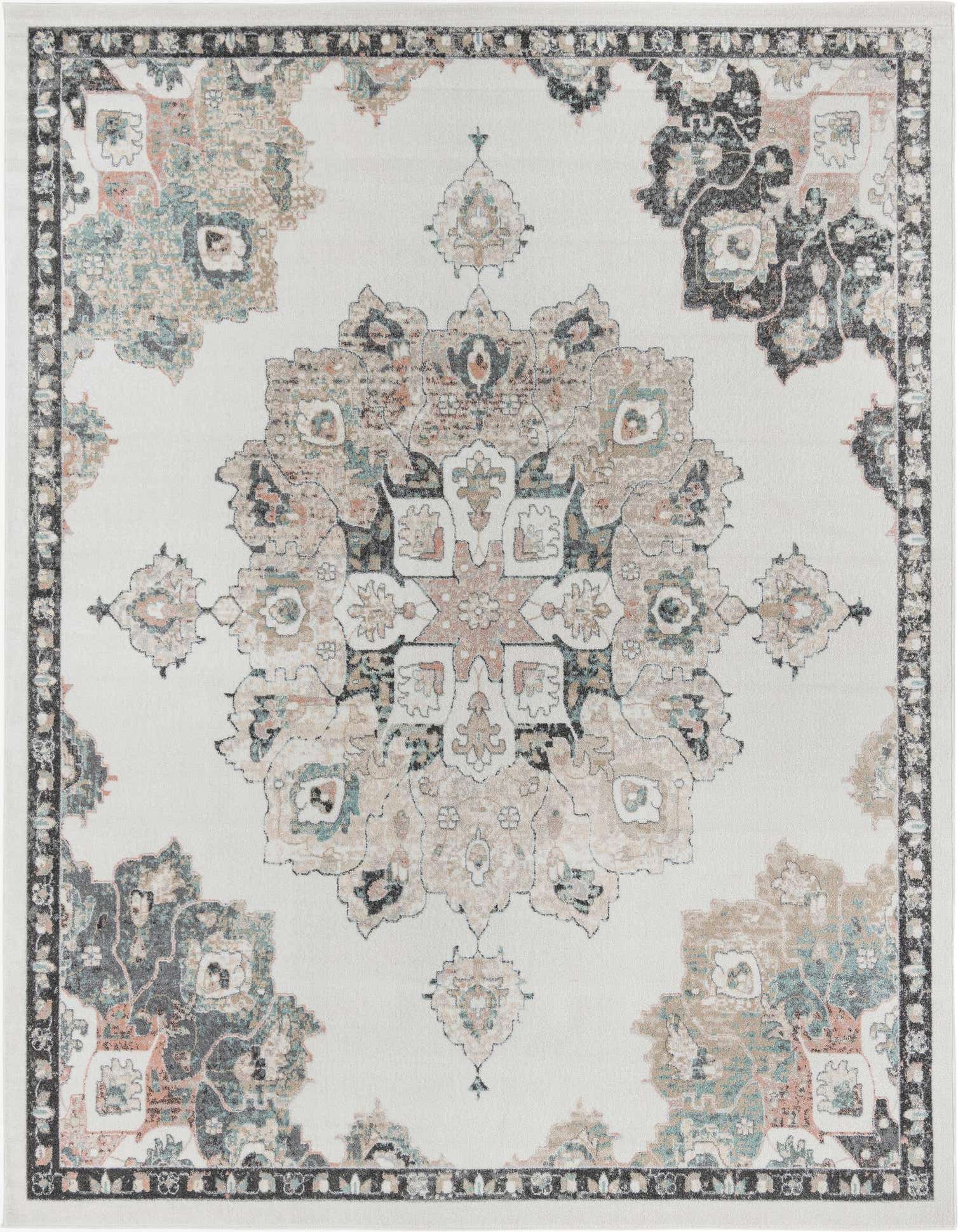 A 10x13 rectangular ivory rug with a faded traditional medallion pattern in cream, teal, and charcoal.