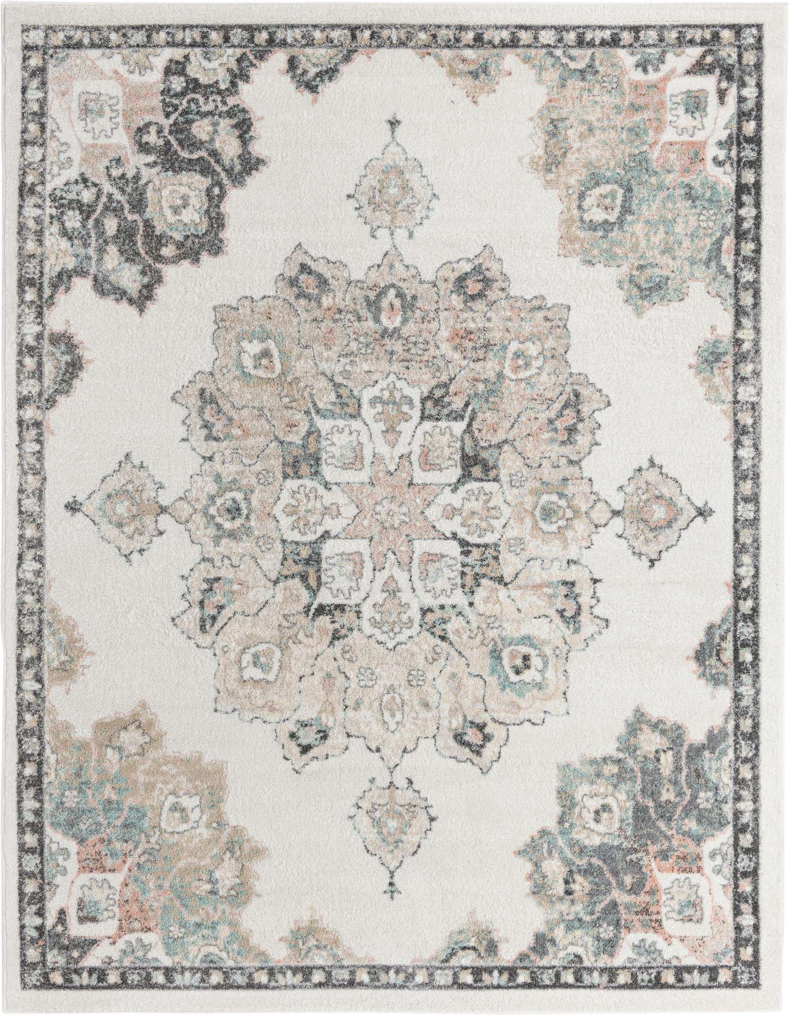 An 8x10 rectangular ivory rug with a faded traditional medallion pattern in muted grays, blues, and browns.