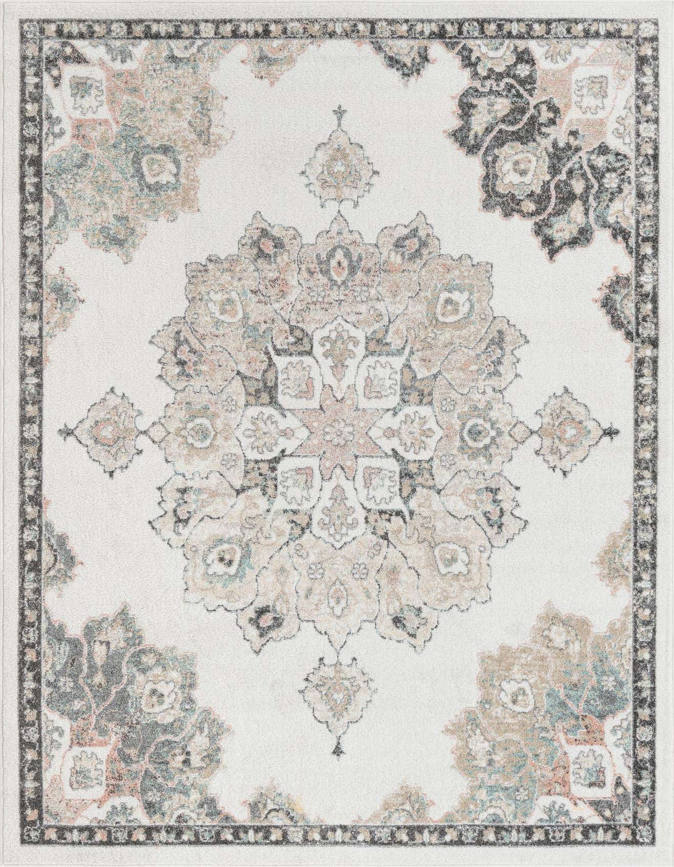 A 6x9 rectangular ivory rug with a central medallion and ornate traditional patterns in muted tones of cream, grey, and light blue.