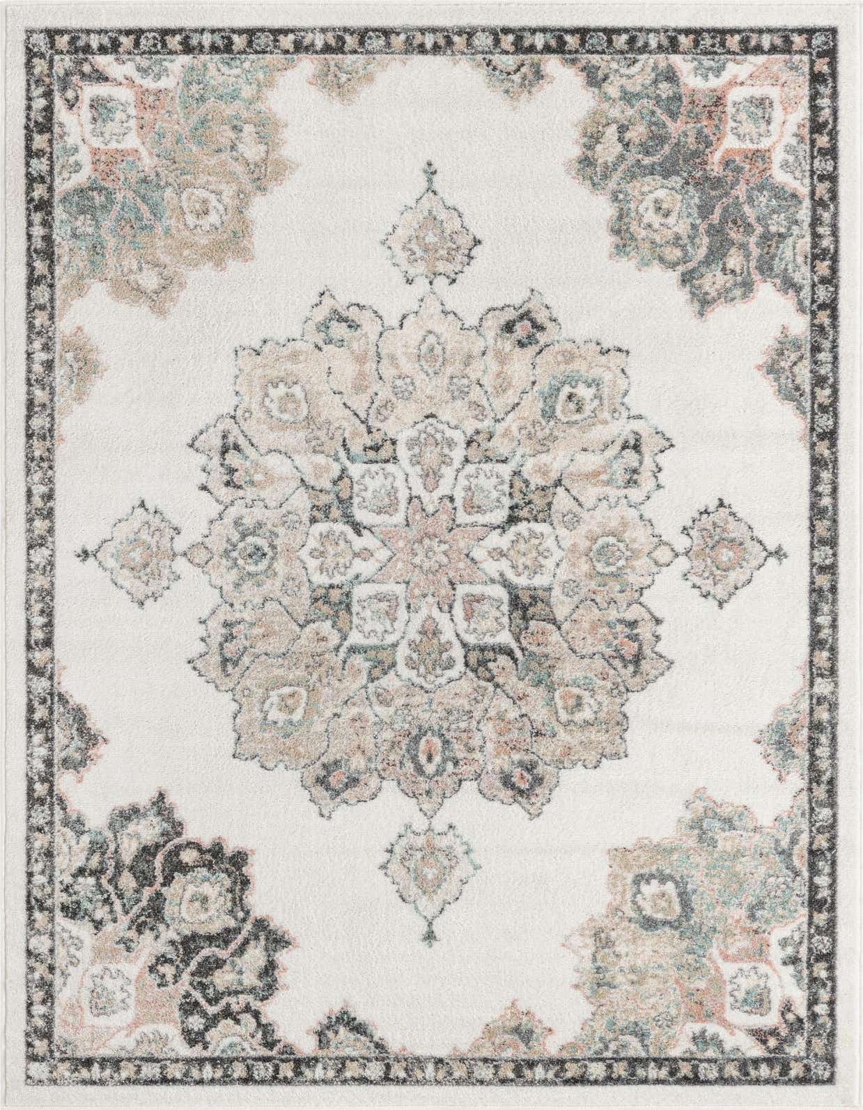 A 5x8 rectangular ivory rug with a traditional medallion pattern in muted tones of cream, beige, teal, and charcoal.