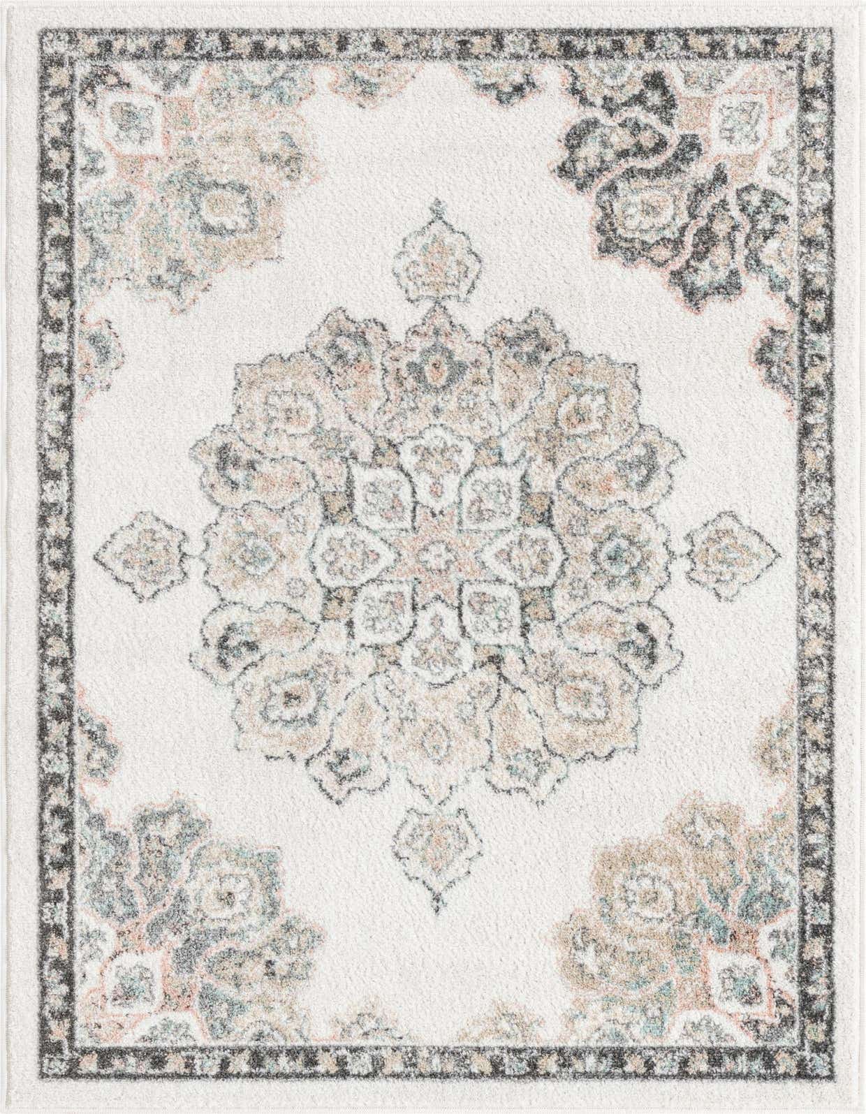 A 3x5 rectangular ivory rug with a traditional medallion pattern in muted beige, grey, and light blue, featuring a thin pile.