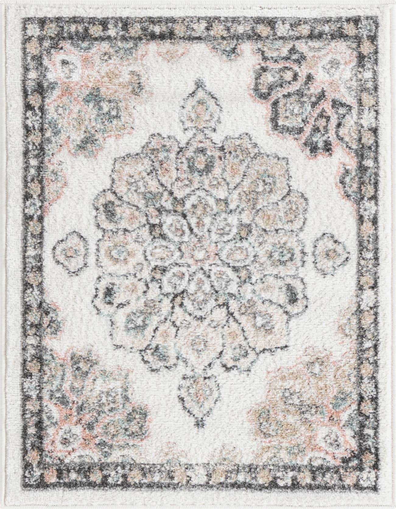 A 2x3 rectangular ivory rug with a faded traditional medallion pattern in shades of grey, beige, and light peach.