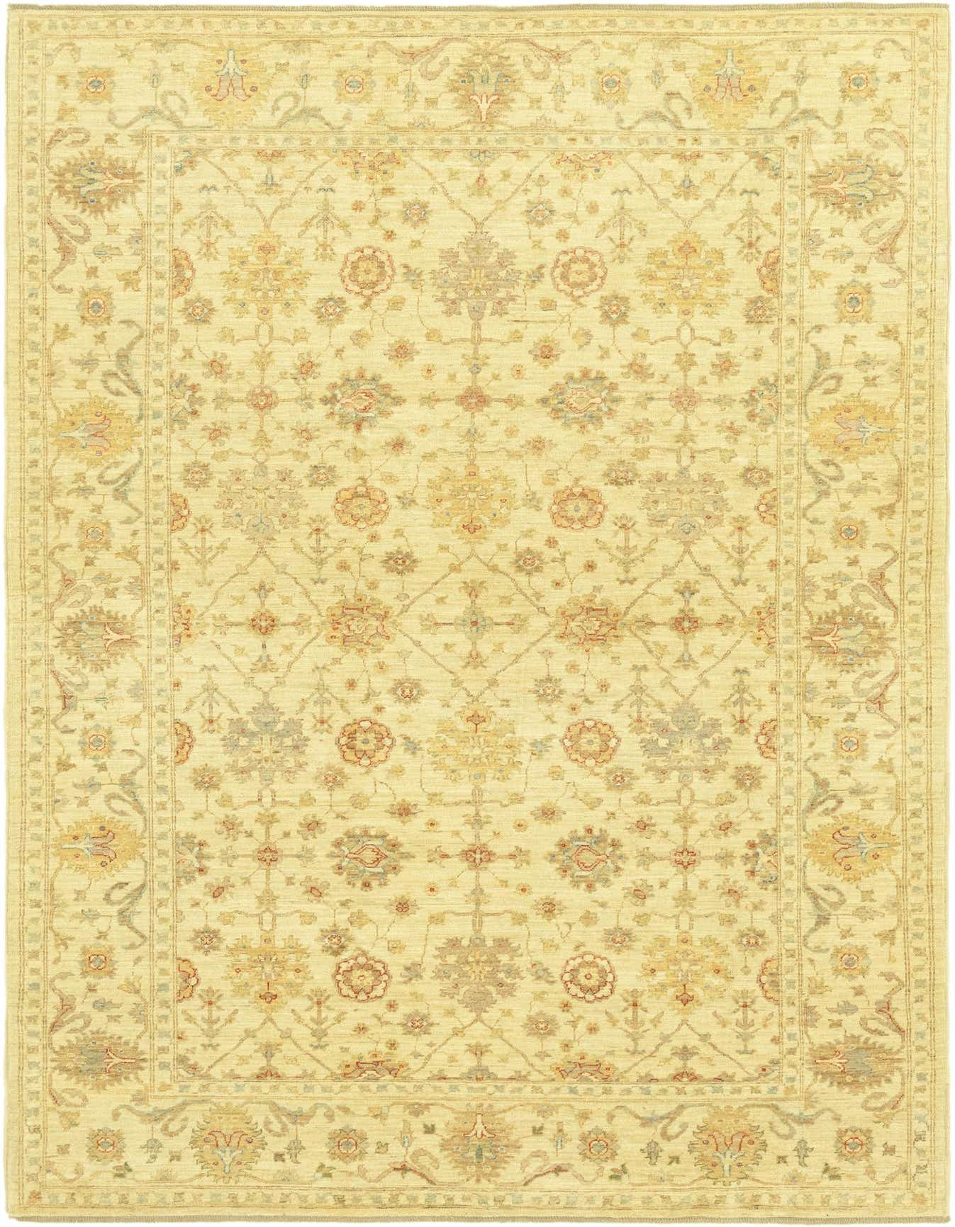 A 6x9 rectangular ivory traditional rug with a botanical and floral pattern in muted reds, blues, and yellows.