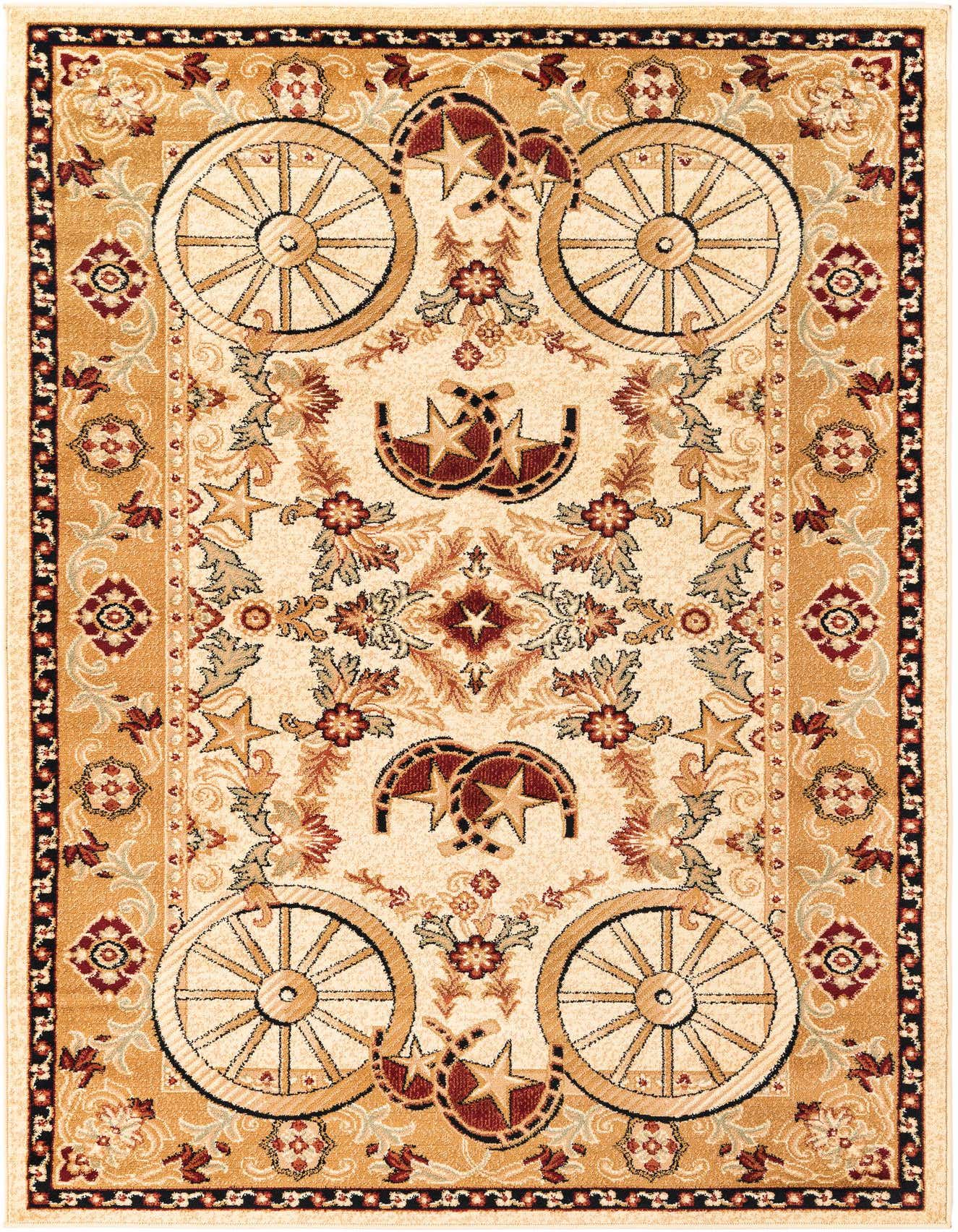 A 5x8 rectangular Pioneer rug featuring a rustic medallion pattern with wagon wheels, horseshoes, and stars in ivory, cream, and gold tones.