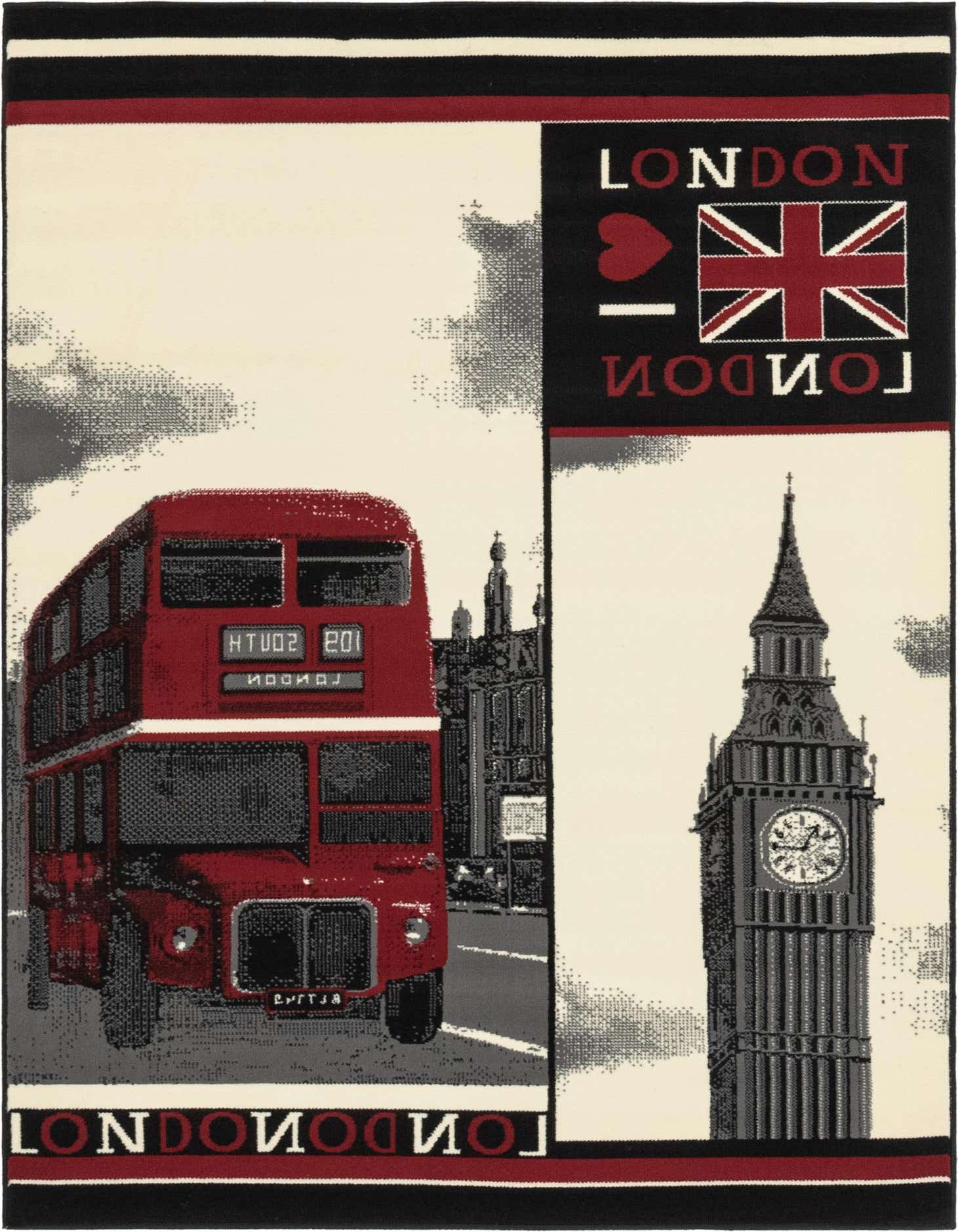 A 5x7 rectangular modern rug featuring a red double-decker bus, Big Ben, and the Union Jack flag on an ivory background, with 'LONDON' text.