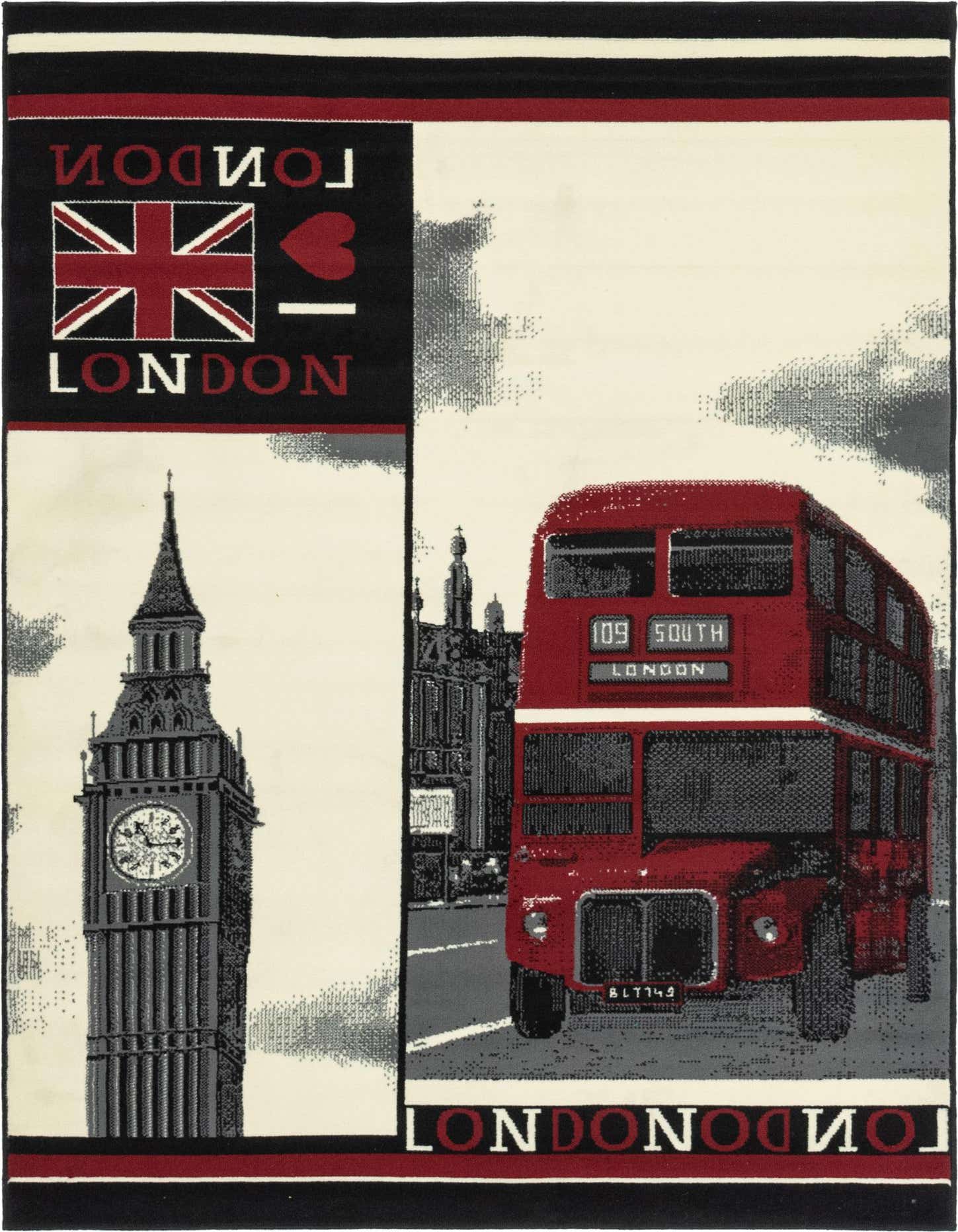 A rectangular 5x7 rug with a modern London theme, featuring Big Ben, a red double-decker bus, and the Union Jack flag on an ivory background.