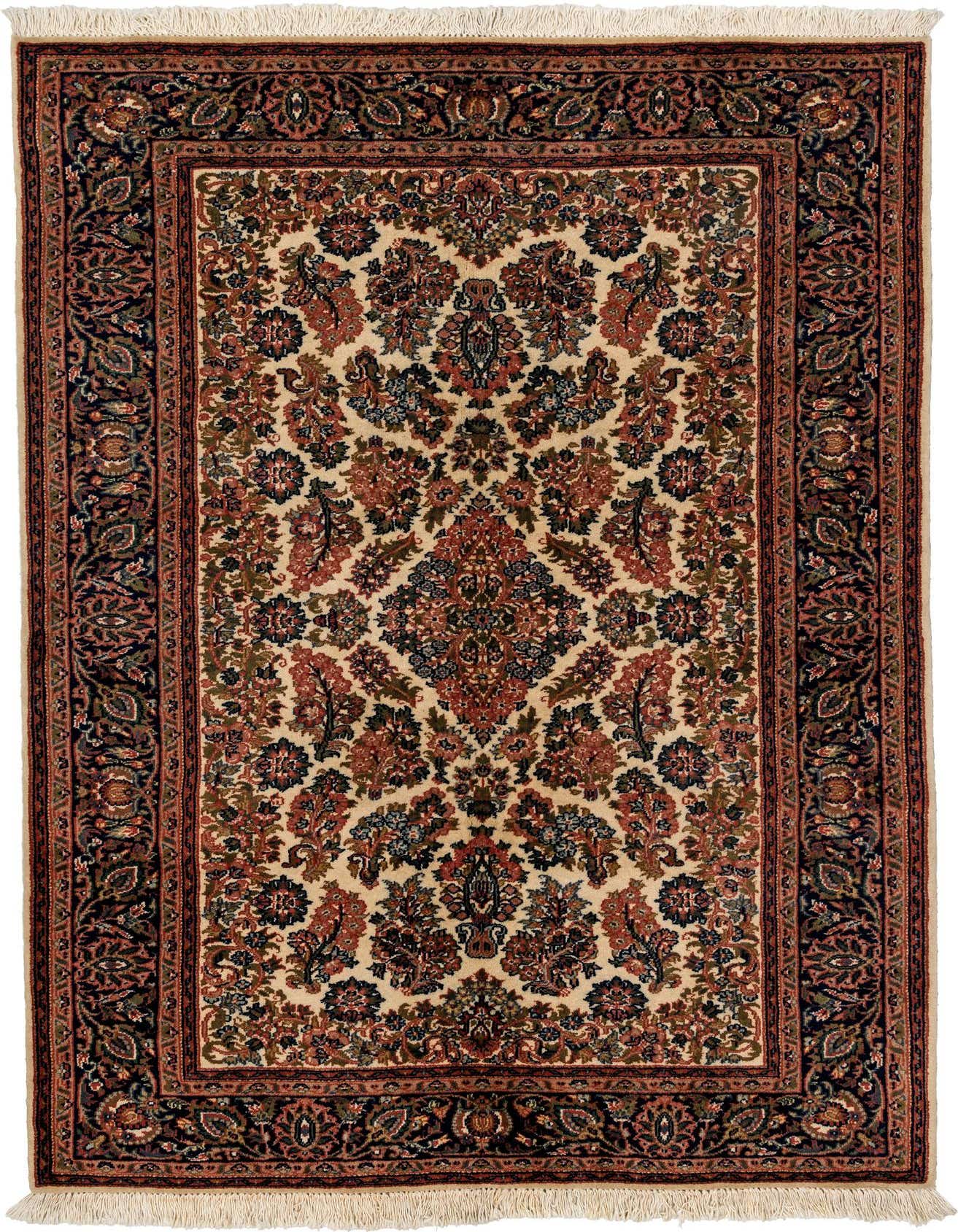 A 4x6 rectangular ivory wool rug with a traditional oriental medallion pattern in reds, blues, and greens, featuring a dark border.