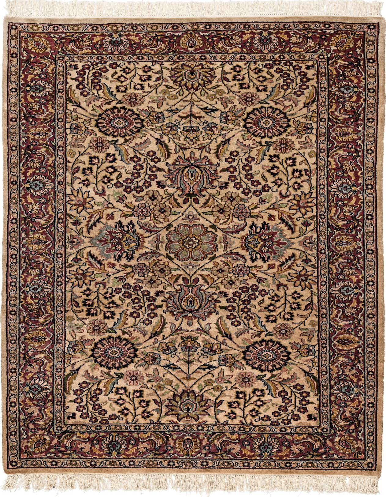 A 4x6 rectangular ivory wool rug with a detailed oriental floral pattern and a deep red border, perfect for a living room.