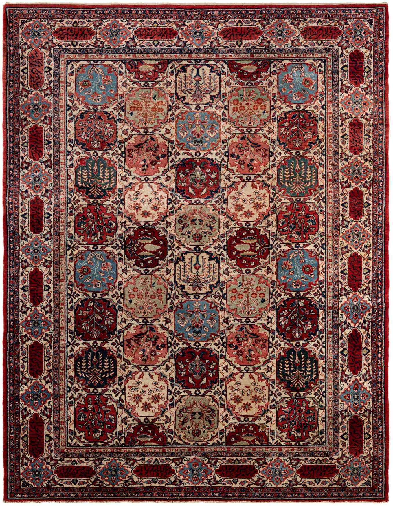 A 7x10 rectangular ivory Persian Sarough rug with a traditional medallion pattern in red, blue, and cream.