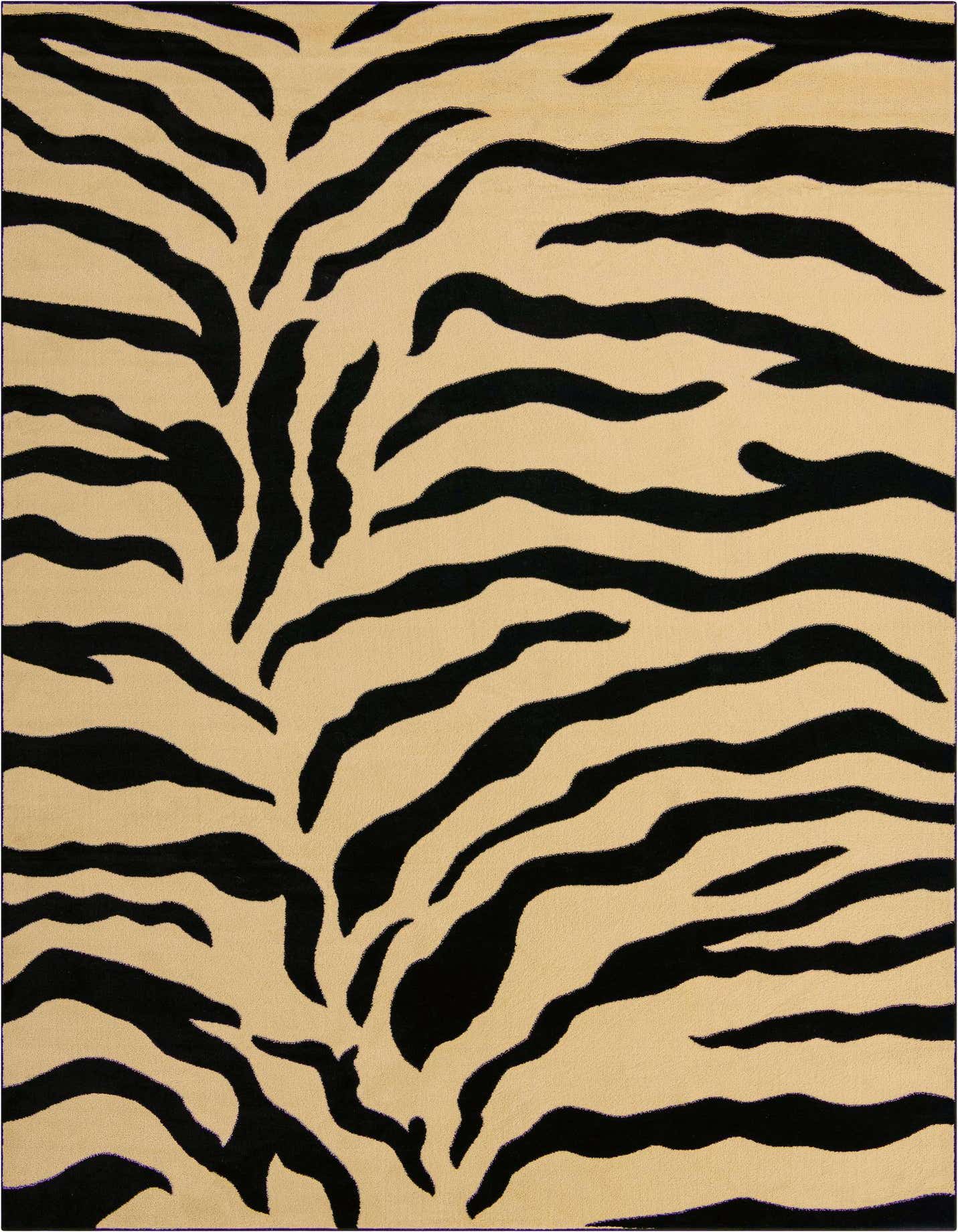 A 9x12 rectangular area rug featuring a bold black and ivory zebra stripe pattern, ideal for a modern living room.