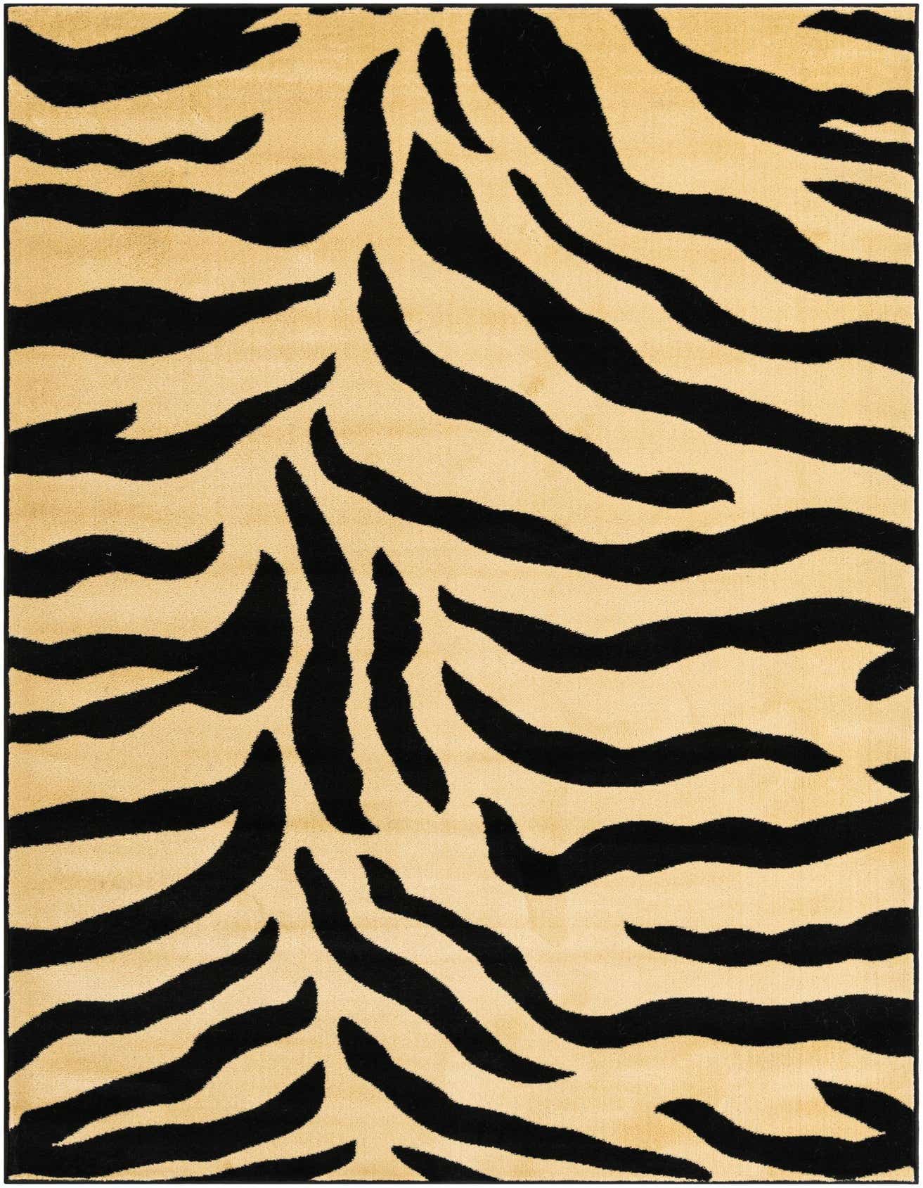 A 5x8 rectangular ivory and black zebra print area rug with a medium pile, perfect for a living room.